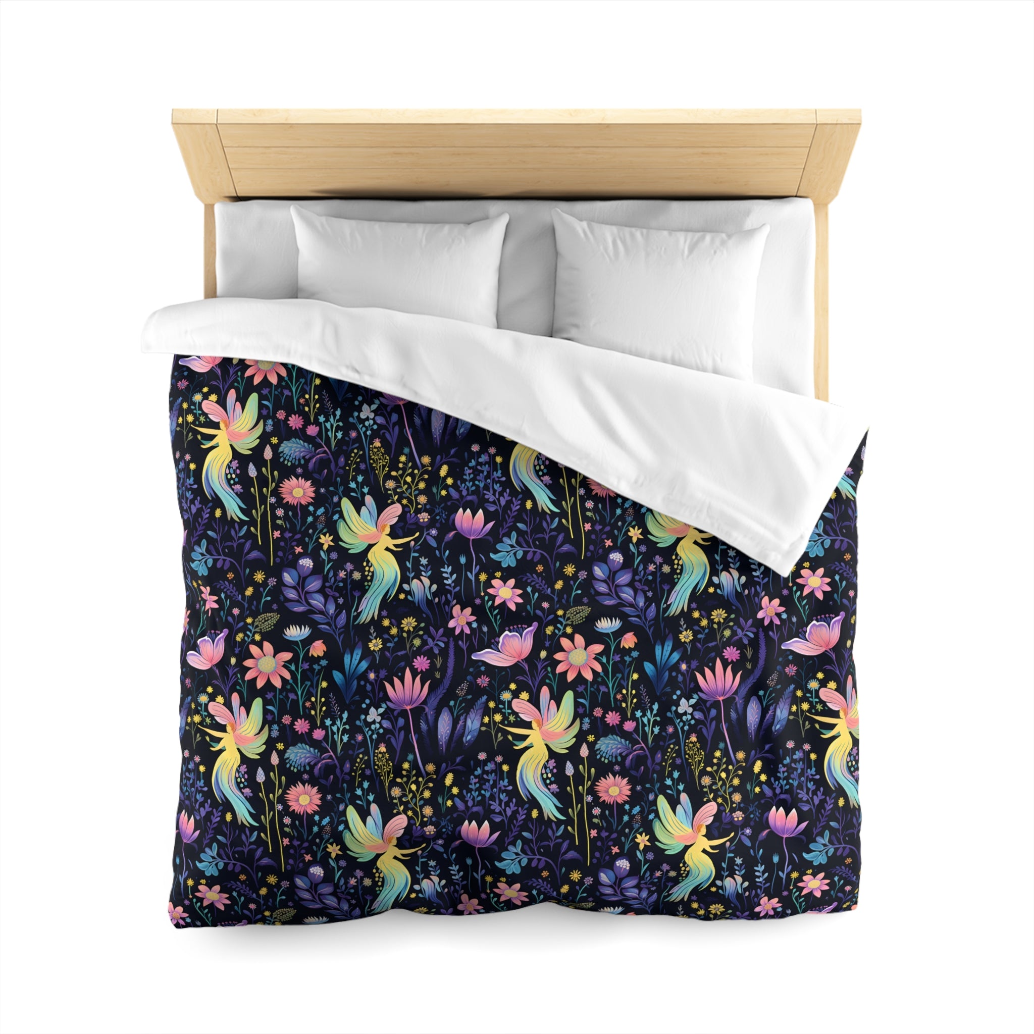 Glowing Garden Fairies Dark Floral Pattern Duvet Cover