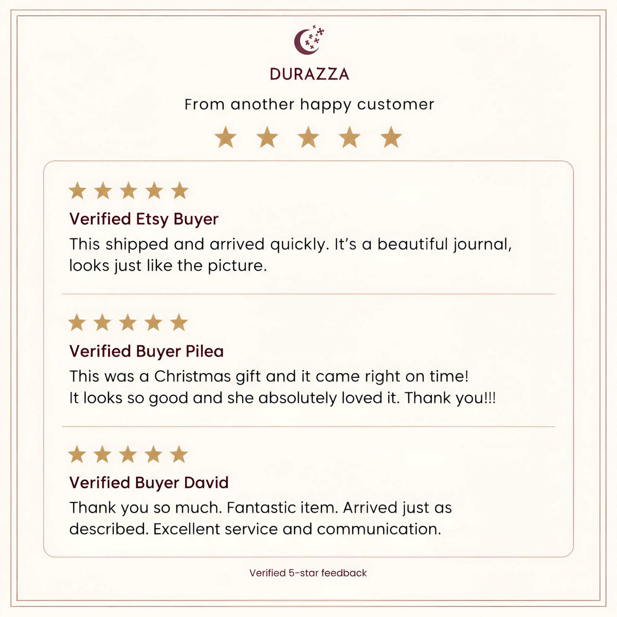 Verified five star reviews for Durazza's hardcover journals.
