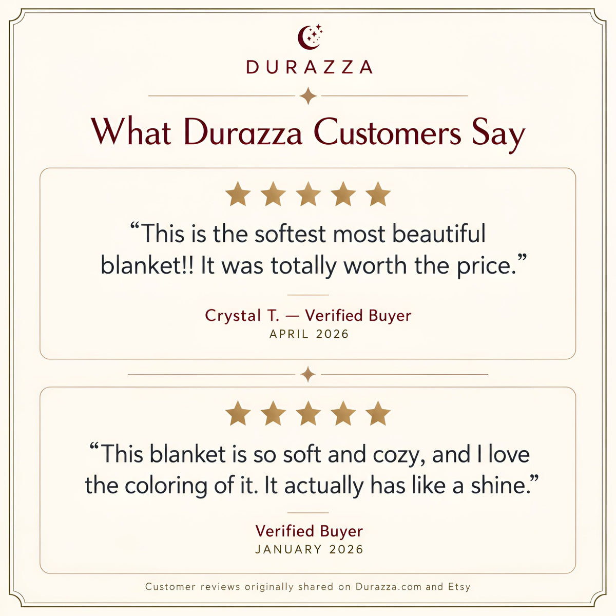 A customer review graphic for Durazza featuring two five-star customer testimonials on a cream background with the Durazza logo at the top.