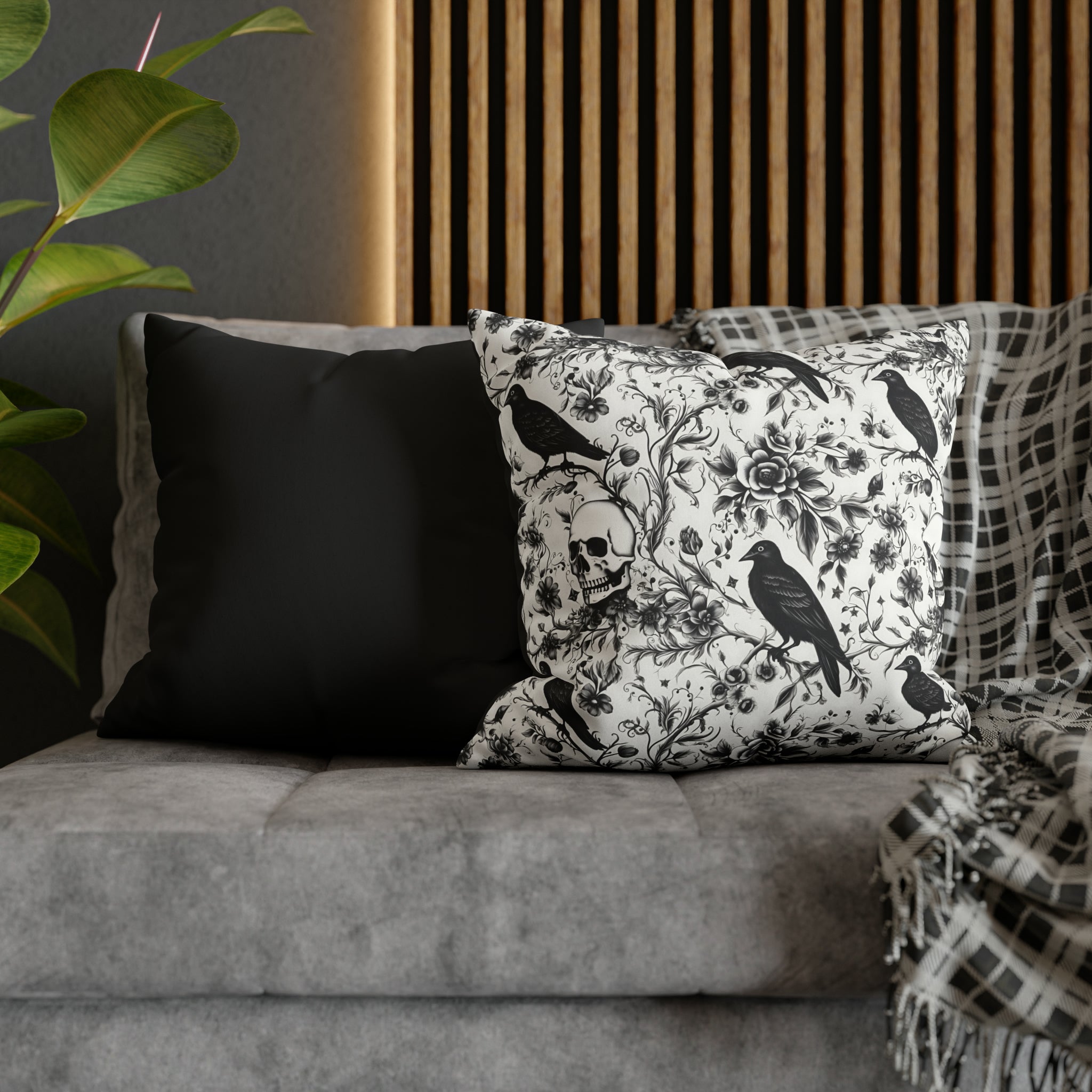 Raven Skull Garden Faux Suede Pillow Cover: Gothic Floral