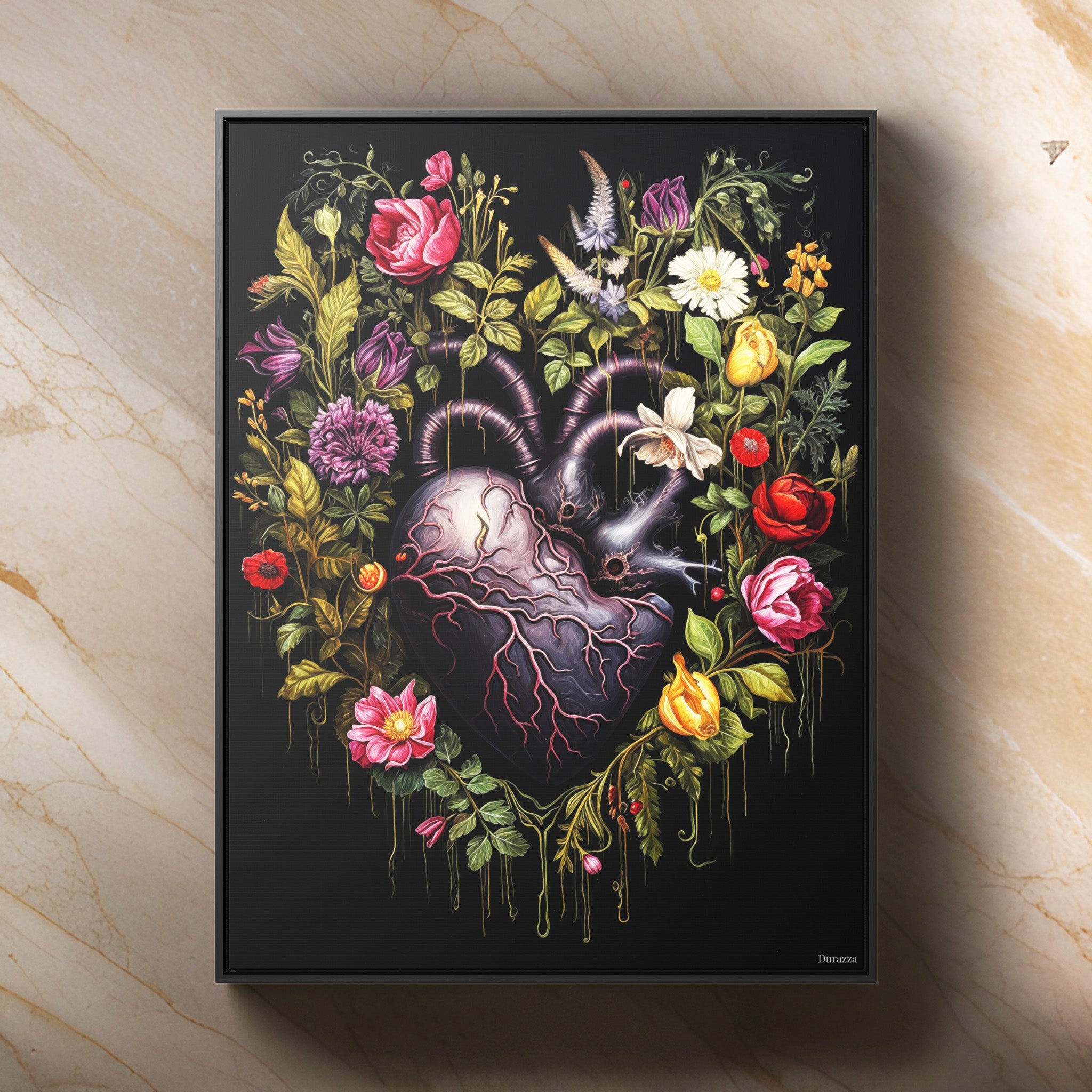 Black Heart Floral Wreath Canvas Print