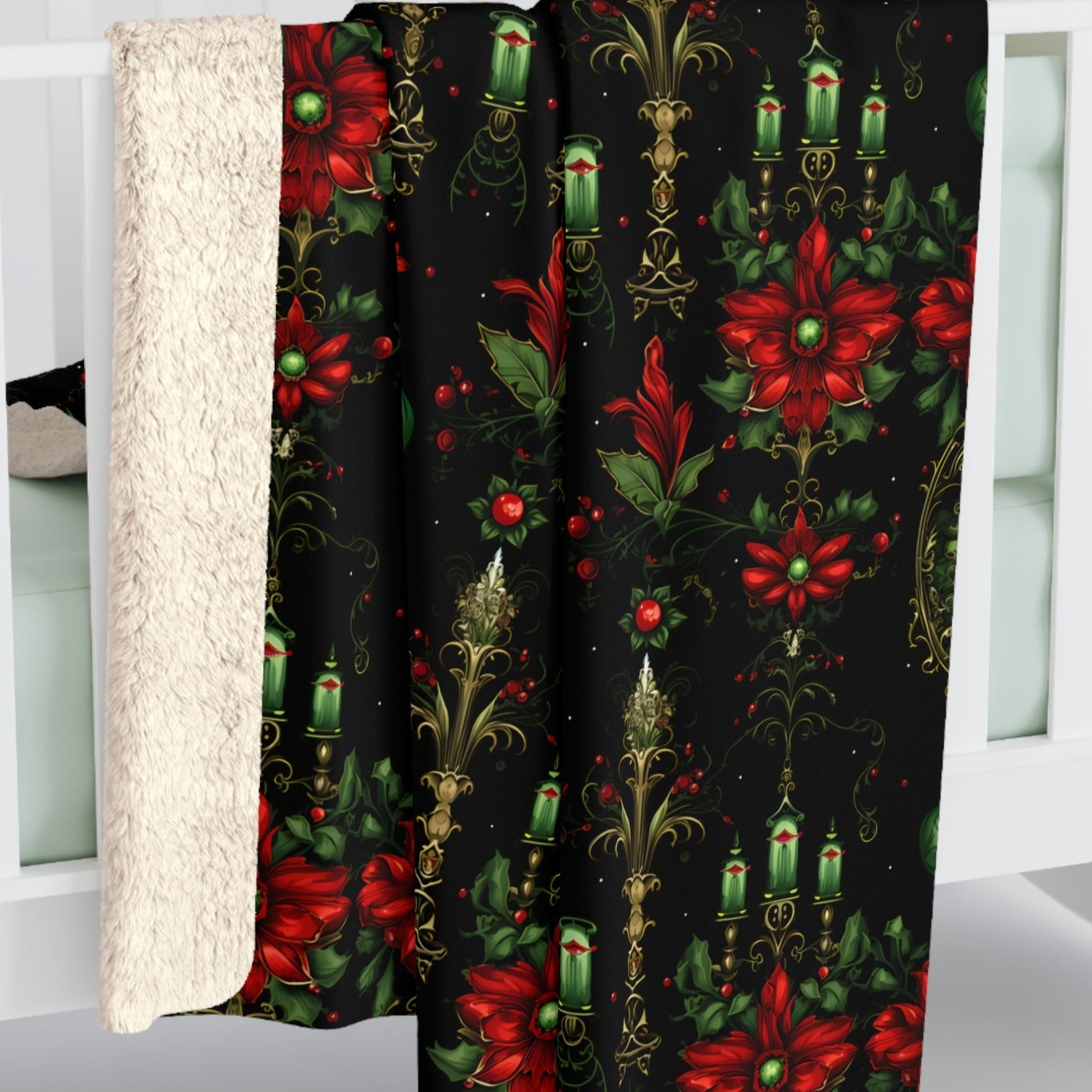 Dark Gothic Poinsettia Sherpa Blanket: Goth Holiday Decor