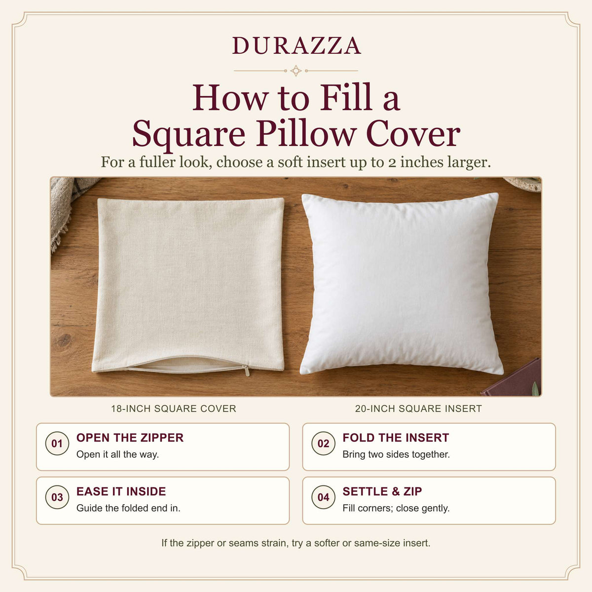 A Durazza illustrated guide showing directions on how to put an insert into a square pillow cover.
