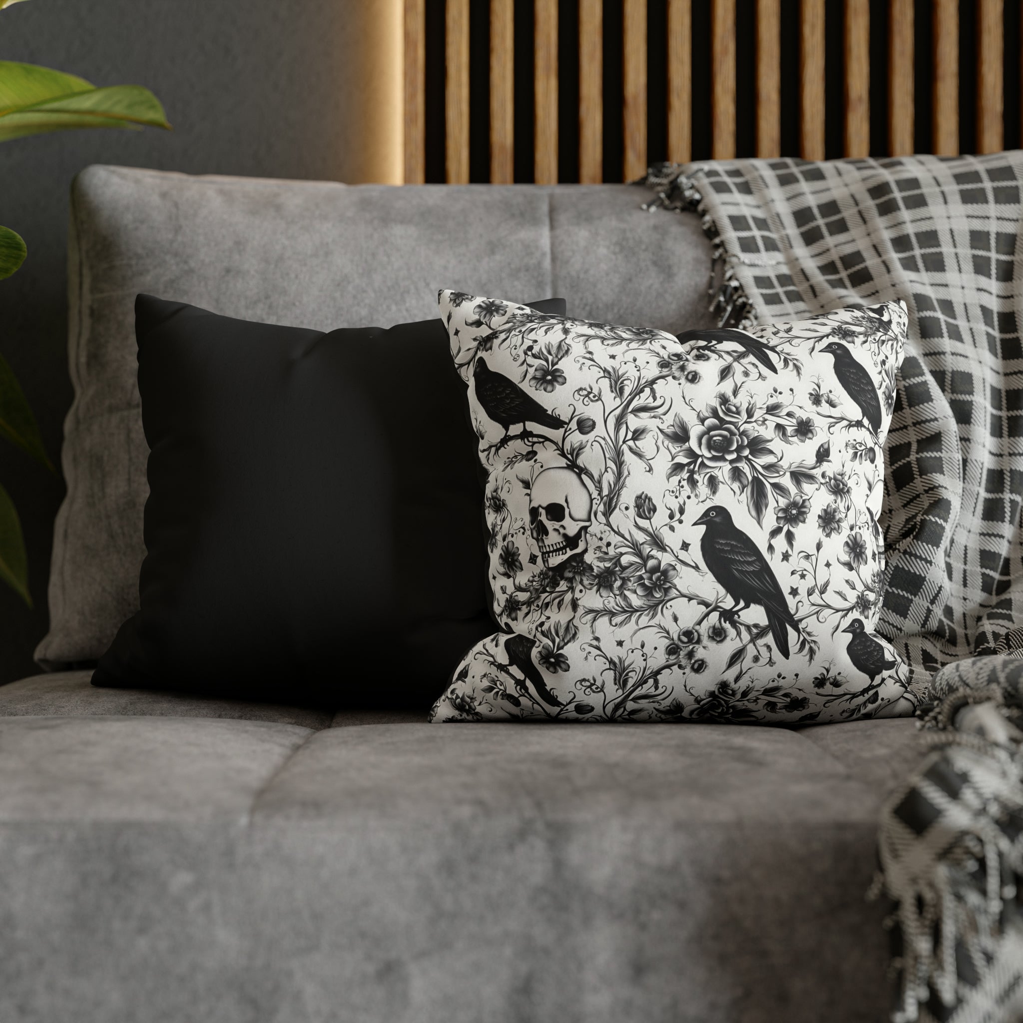 Raven Skull Garden Faux Suede Pillow Cover: Gothic Floral
