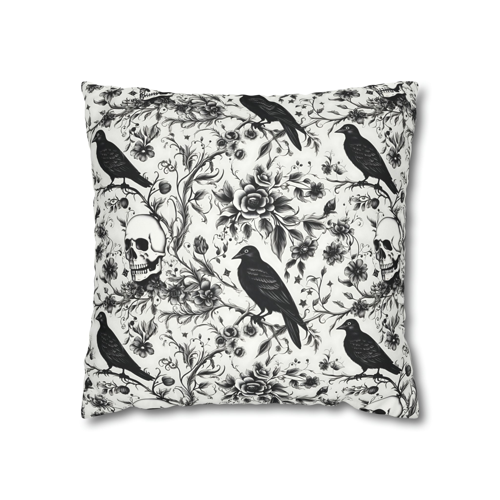 Raven Skull Garden Faux Suede Pillow Cover: Gothic Floral
