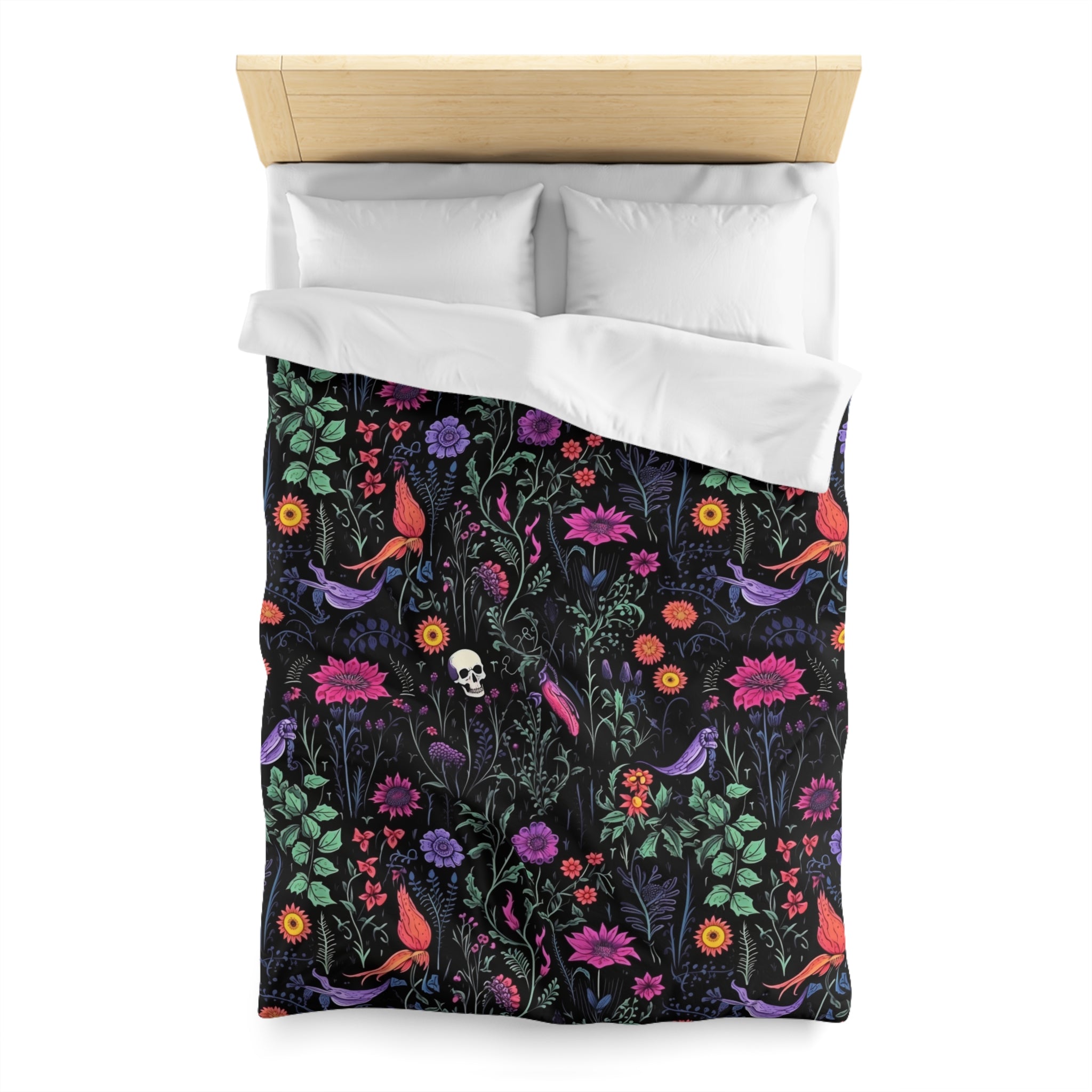 Eerie Wildflower Skull Duvet Cover and Pillow Shams, Microfiber