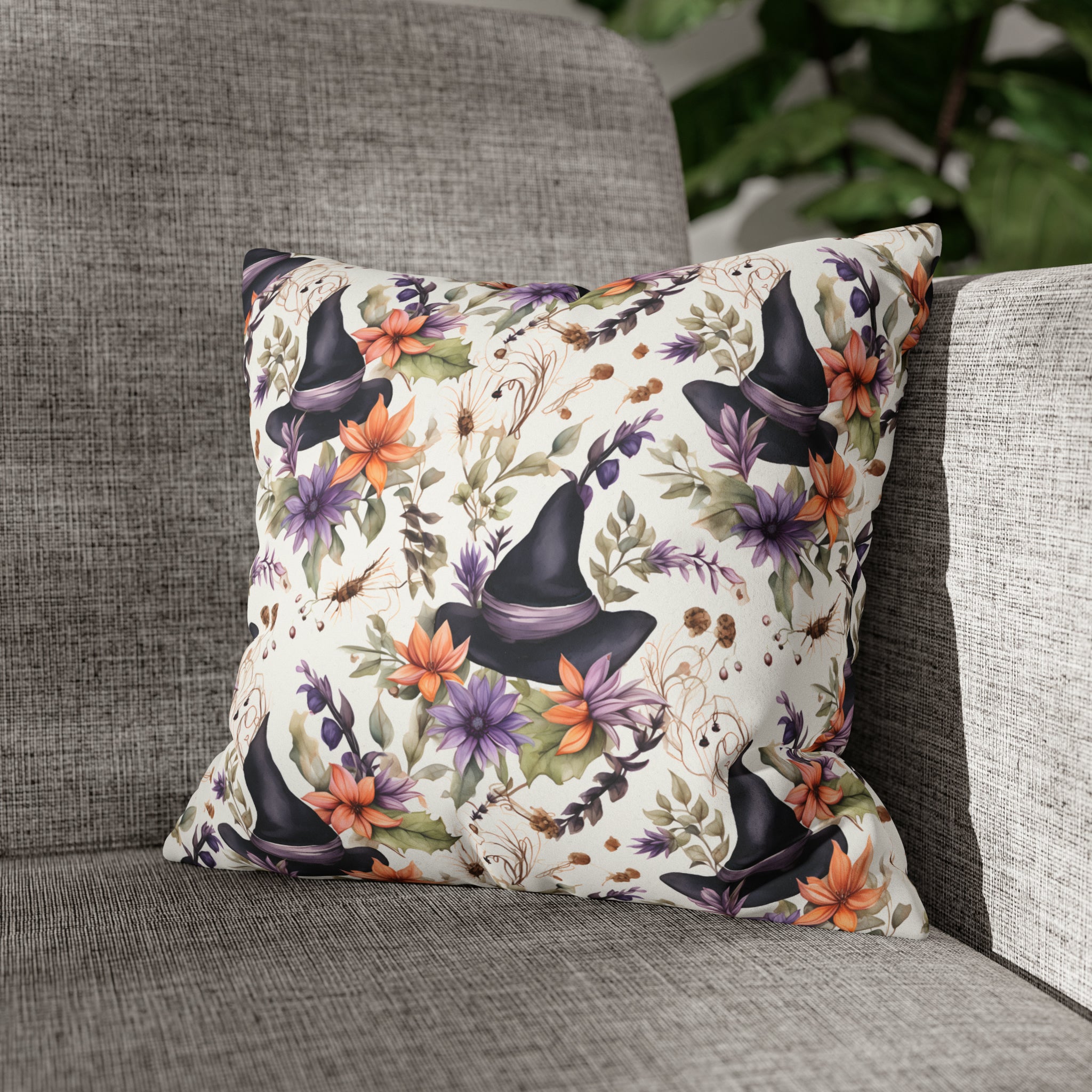 Floral Watercolor Witch Faux Suede Pillow Cover: A Witchy Accent Pillow