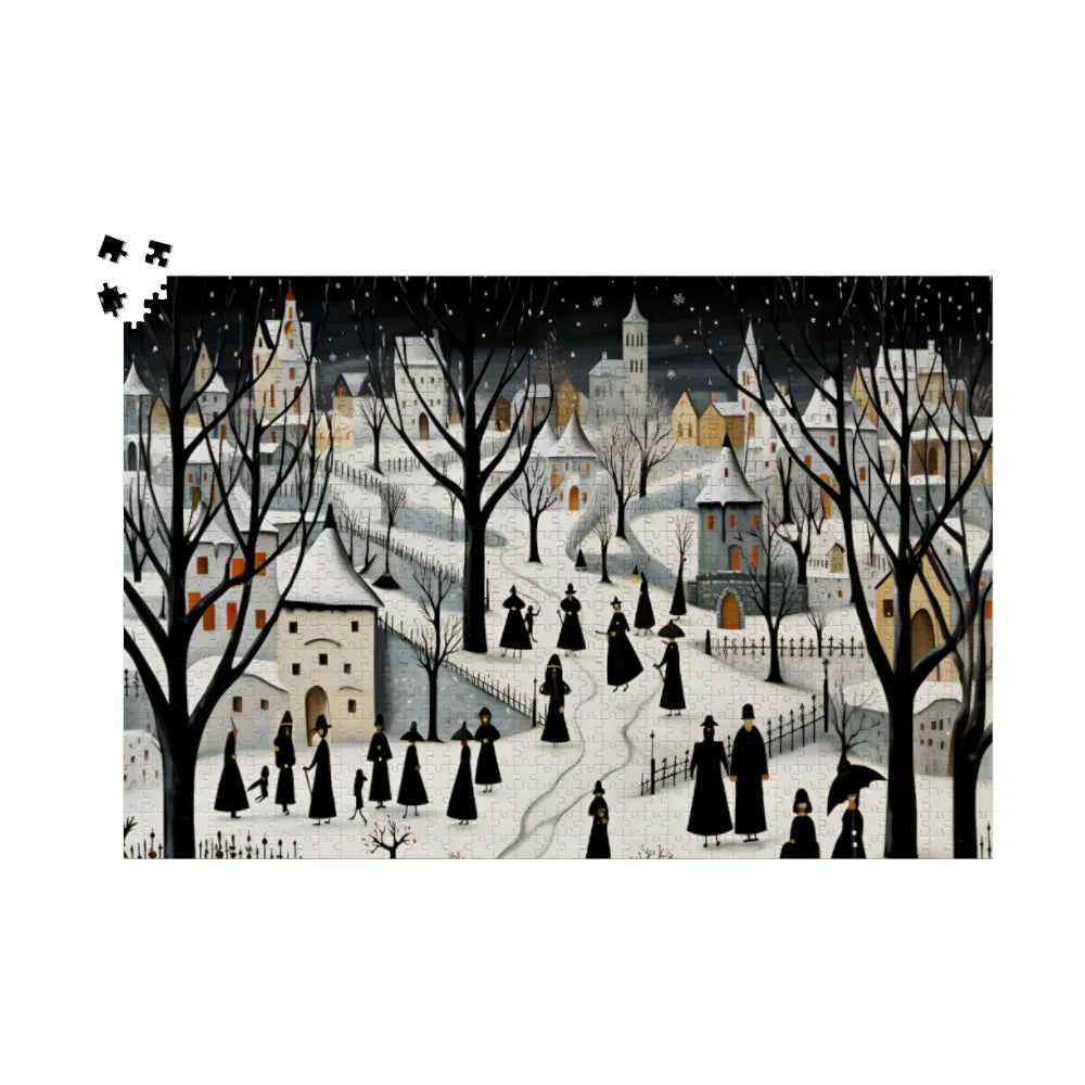 Snowy Night in an Old Town Jigsaw Puzzle. 500 or 1000 pieces puzzle of witches