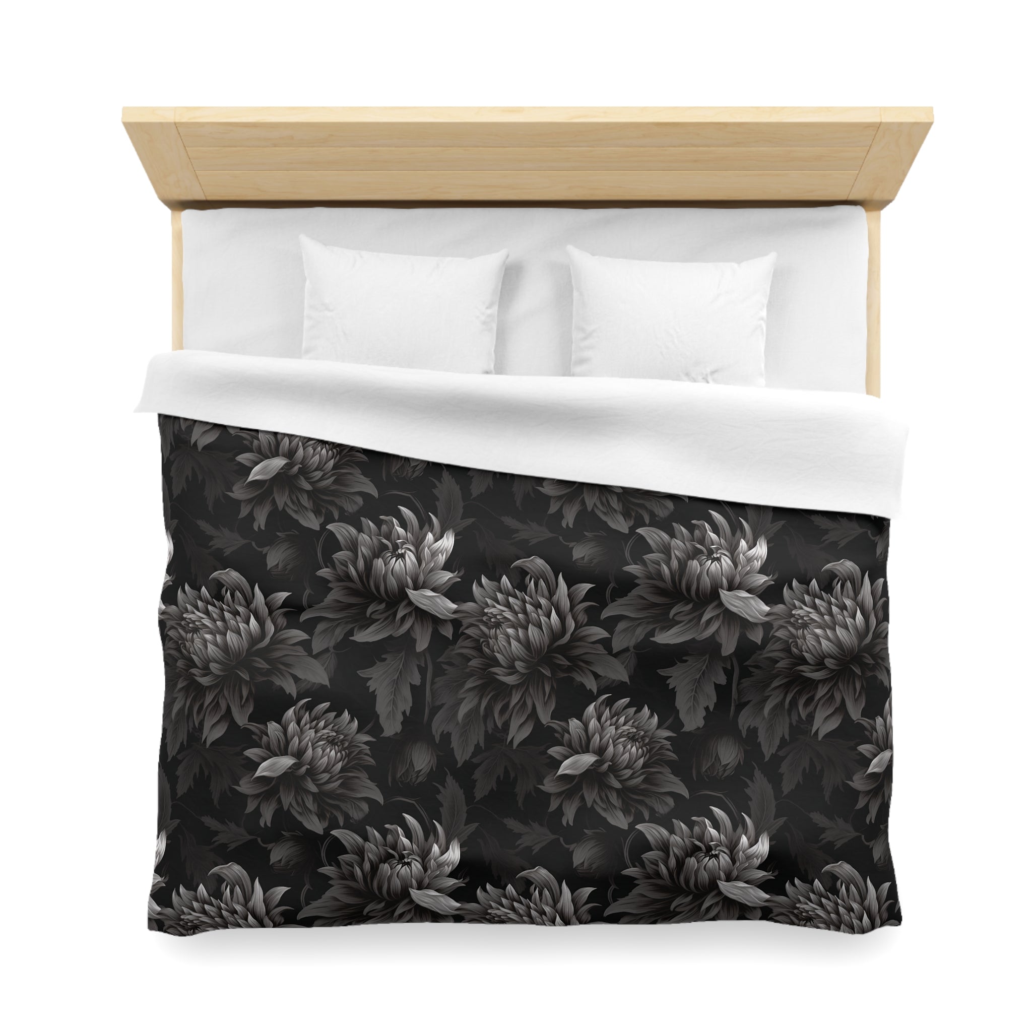 Midnight Black Dahlia Floral Duvet Cover with Pillow Shams, Microfiber