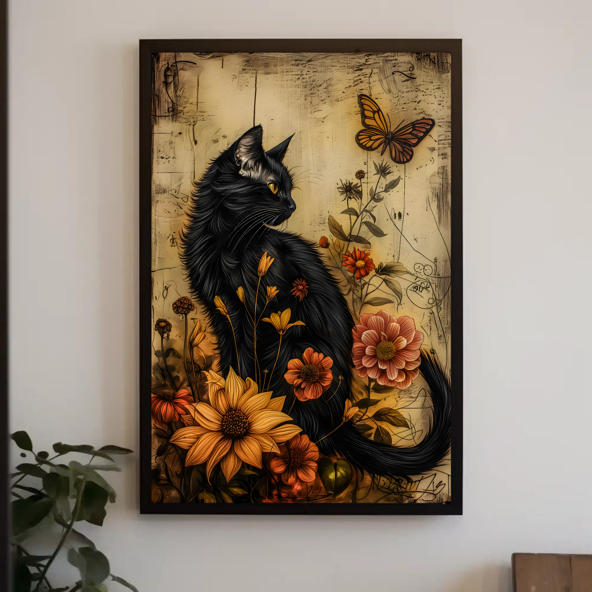 A Feline's Flourish Painting: Black Cat Wall Art