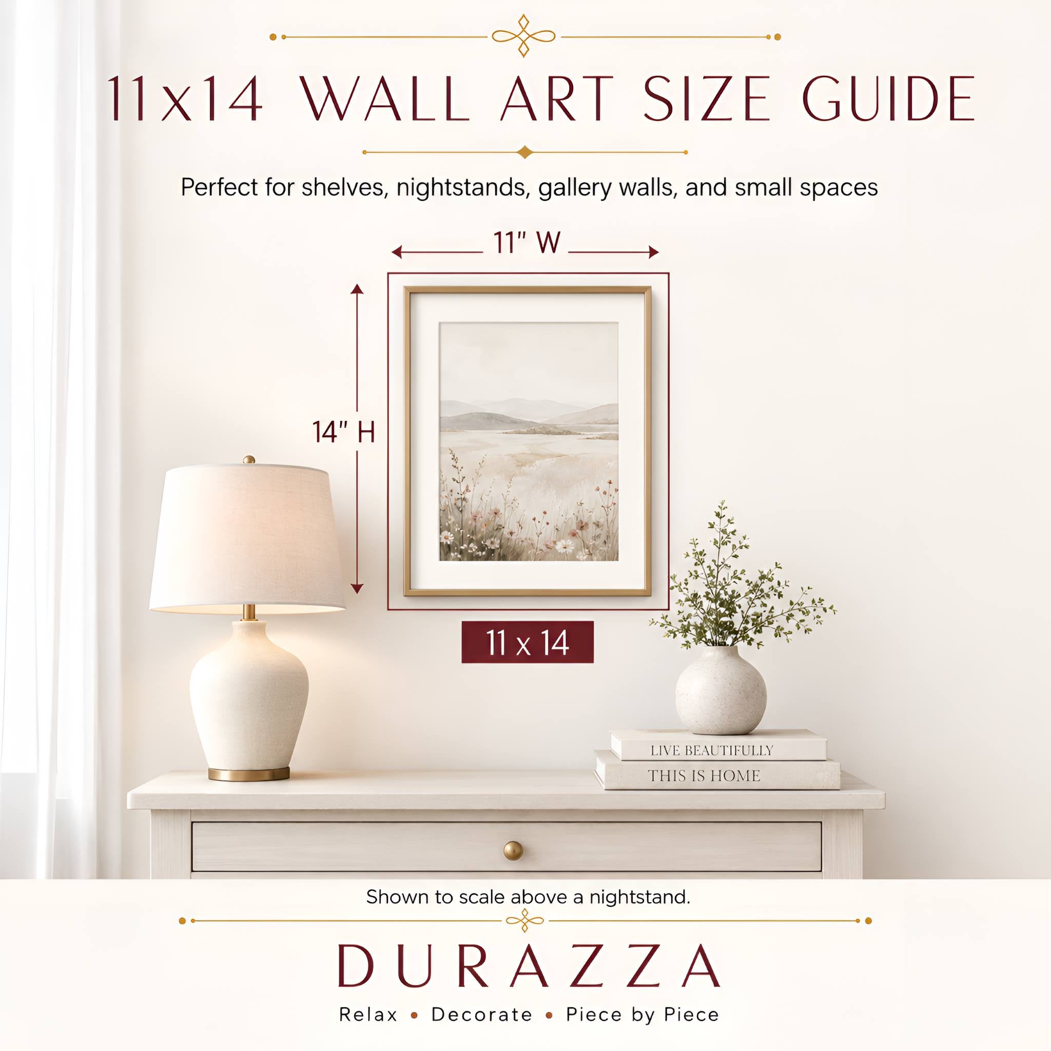 11x14 wall art size guide with a framed picture, lamp, and books on a nightstand.