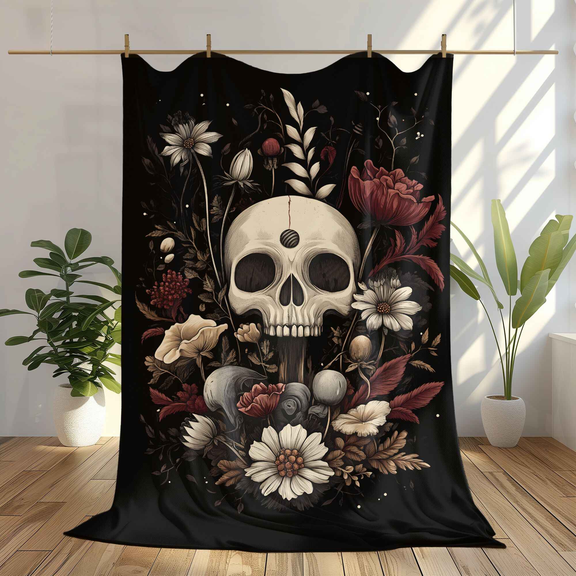 A throw blanket featuring a detailed skull surrounded by flowers, displayed on a wooden hanger against a white wall, with a plant to the side.