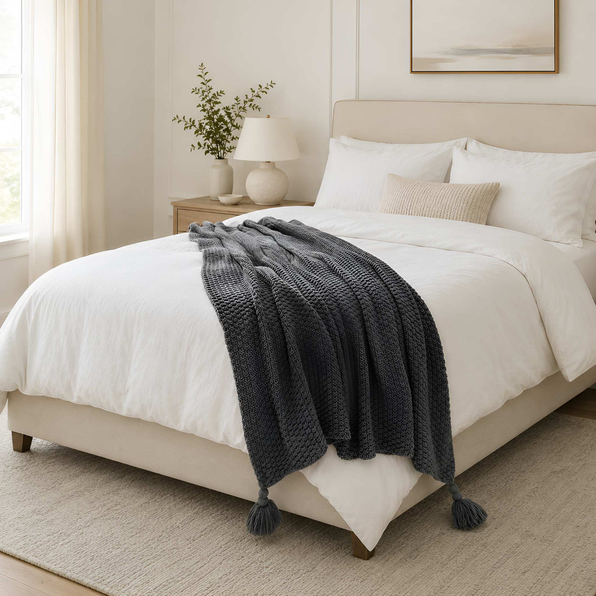 Textured Knit Throw Blanket with Tassels, 51 × 67 in