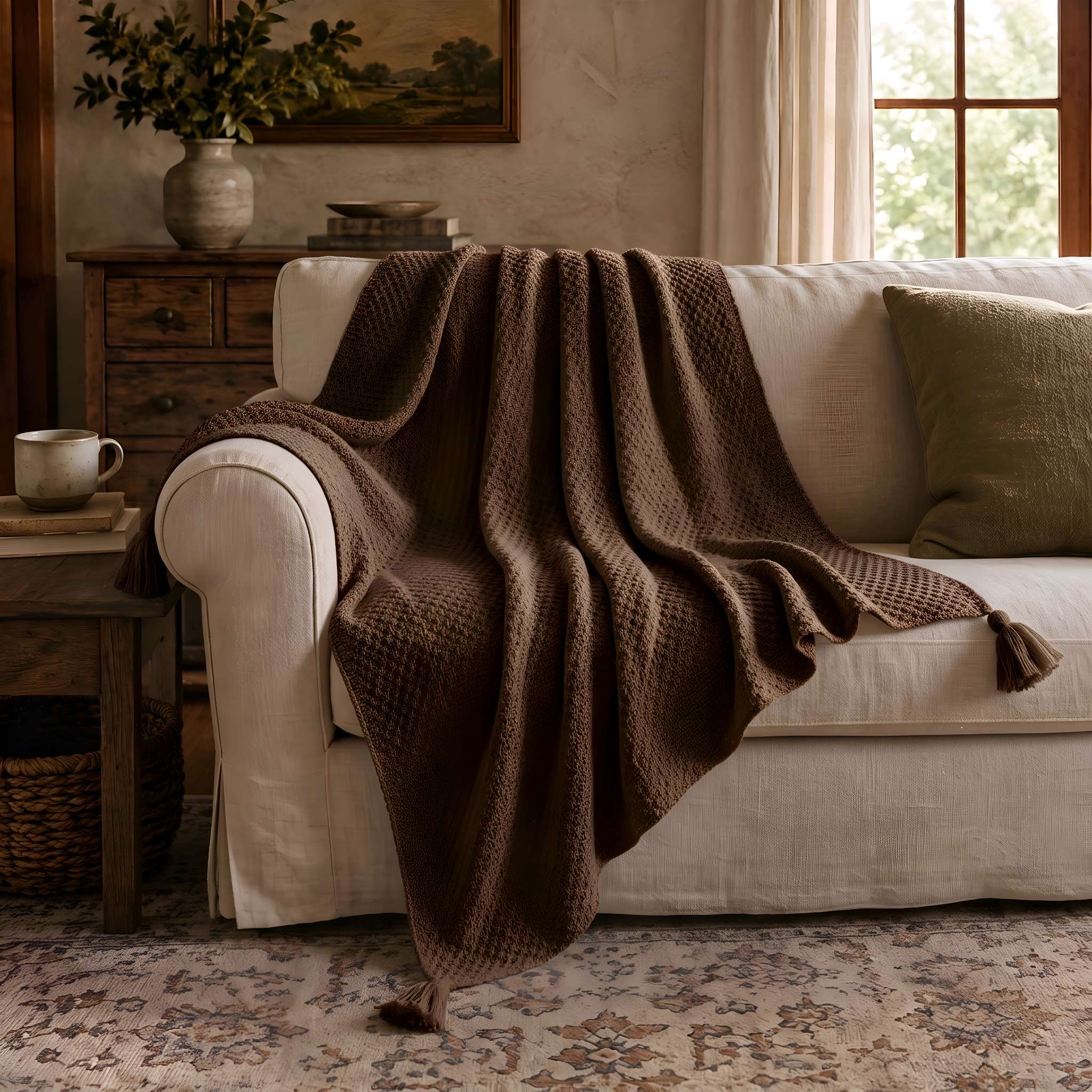 Textured Knit Throw Blanket with Tassels, 51 × 67 in