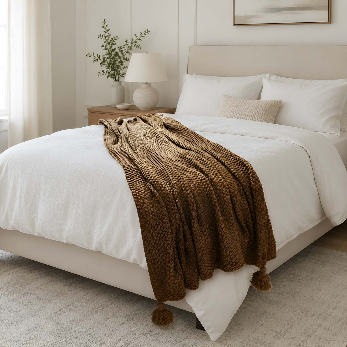 Textured Knit Throw Blanket with Tassels, 51 × 67 in