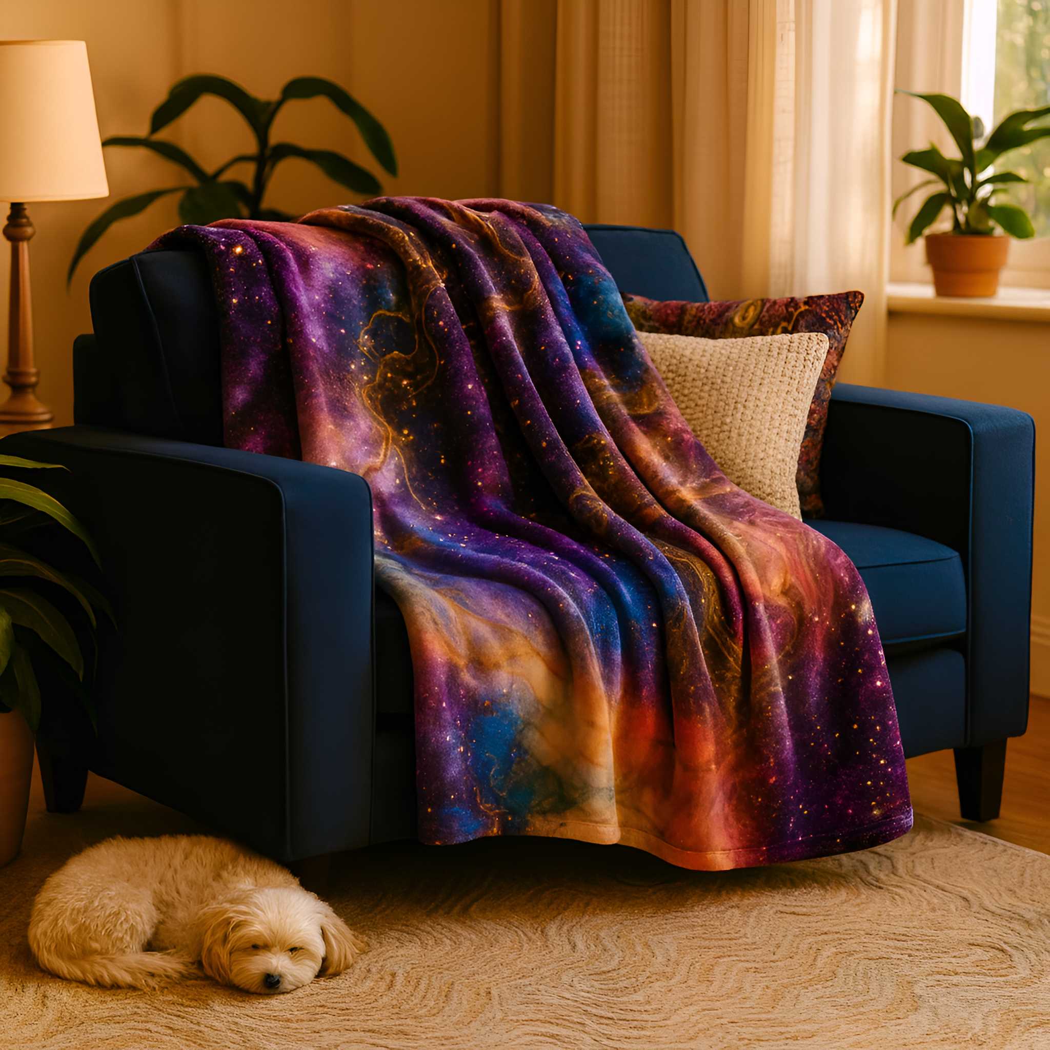 Colorful galaxy-themed blanket draped over a blue armchair with a dog lying on the floor in a whimsigoth living room.