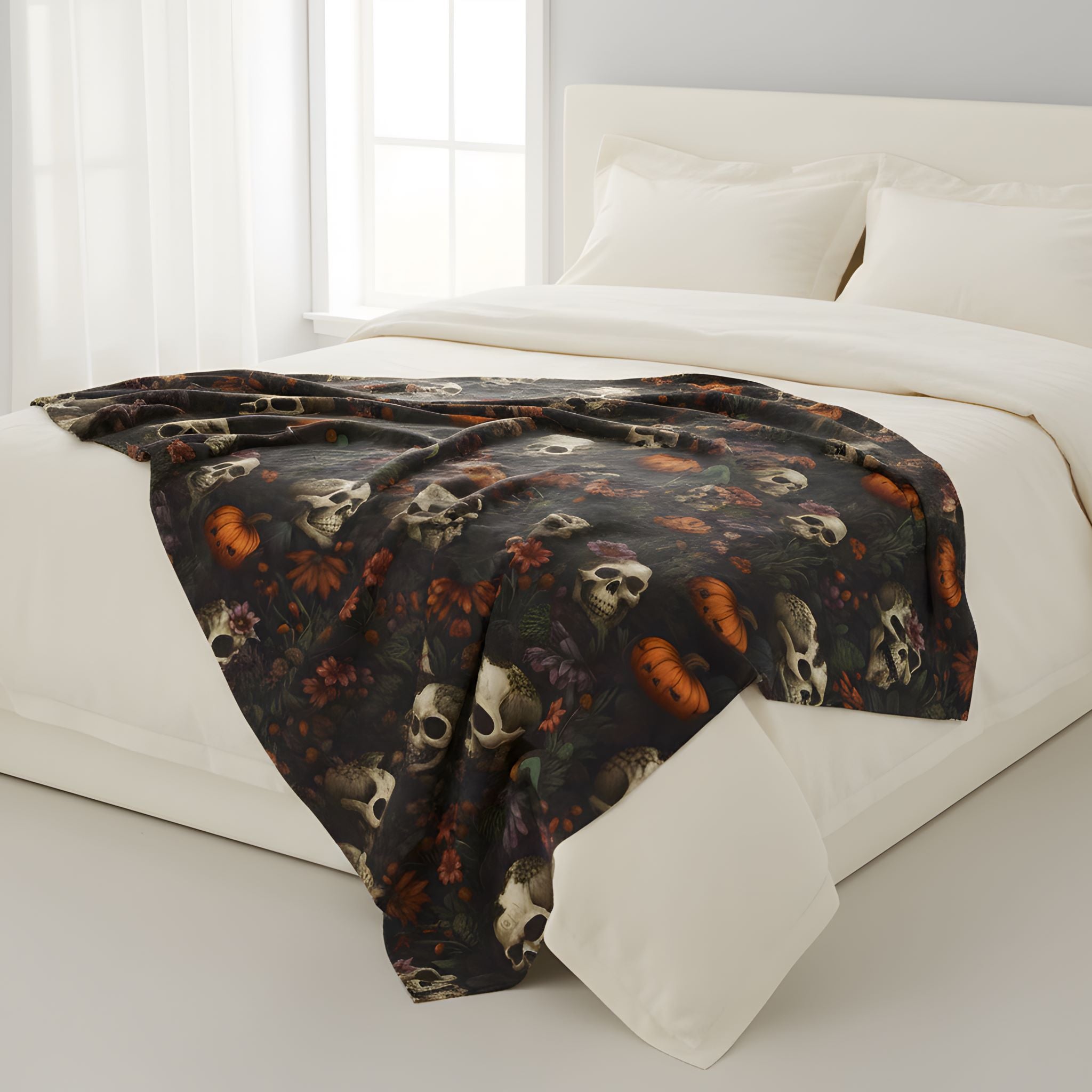 Gothic floral throw blanket draped across a bed with white bedding and carved wood accents.