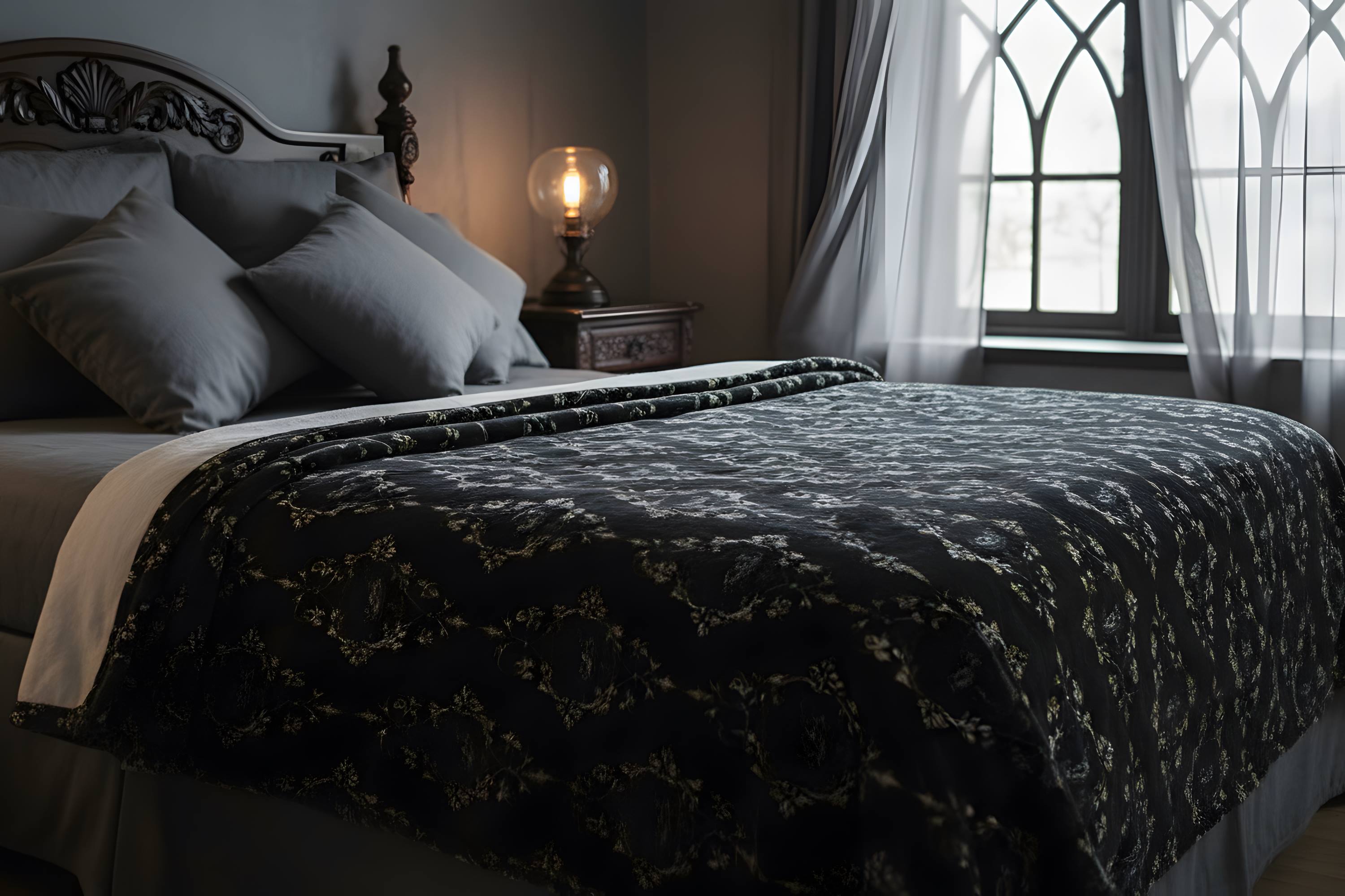 Ornate raven throw blanket spread across a bed in a dark elegant Gothic bedroom.