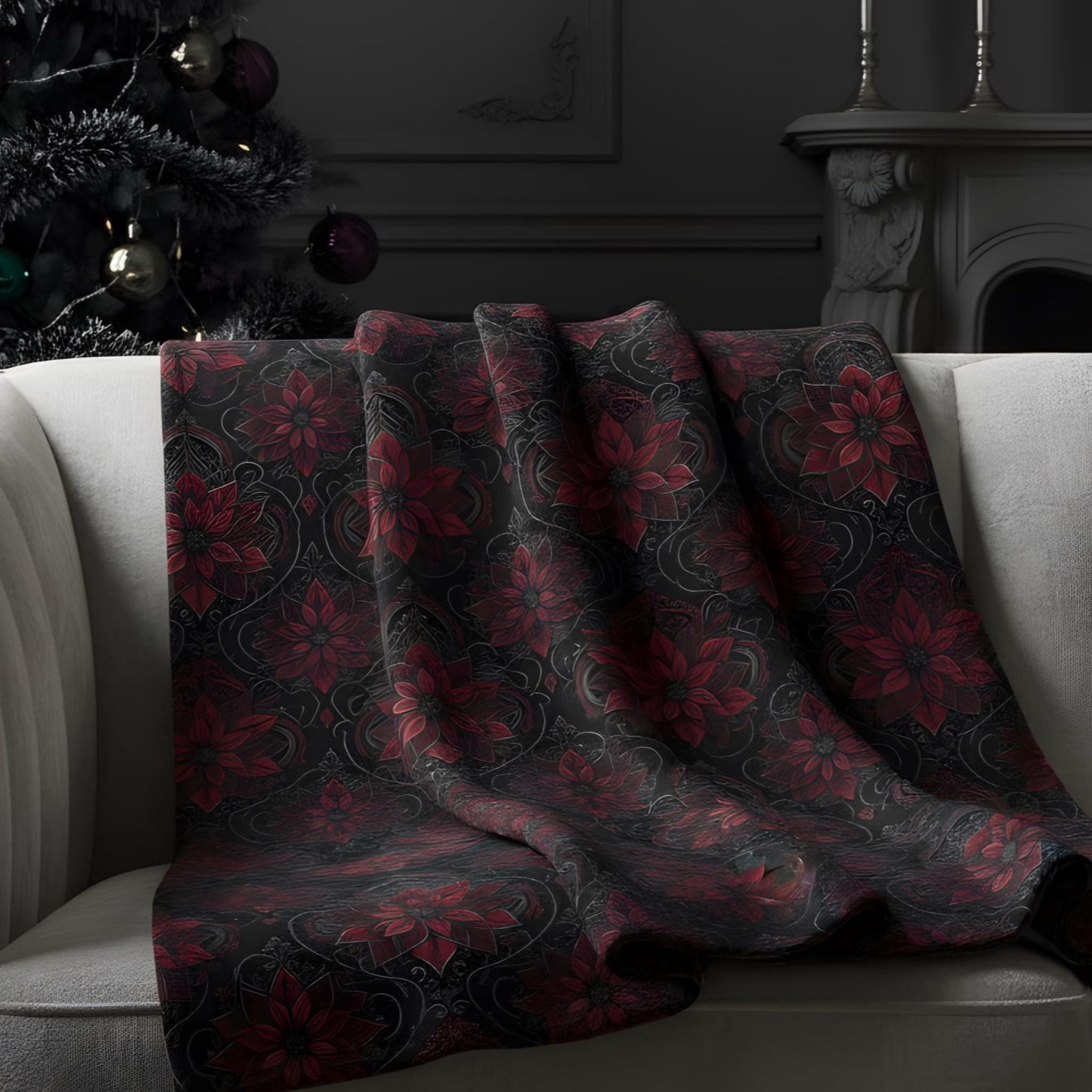 Red Poinsettia Throw Blanket 60x80 | Gothic Poinsettia