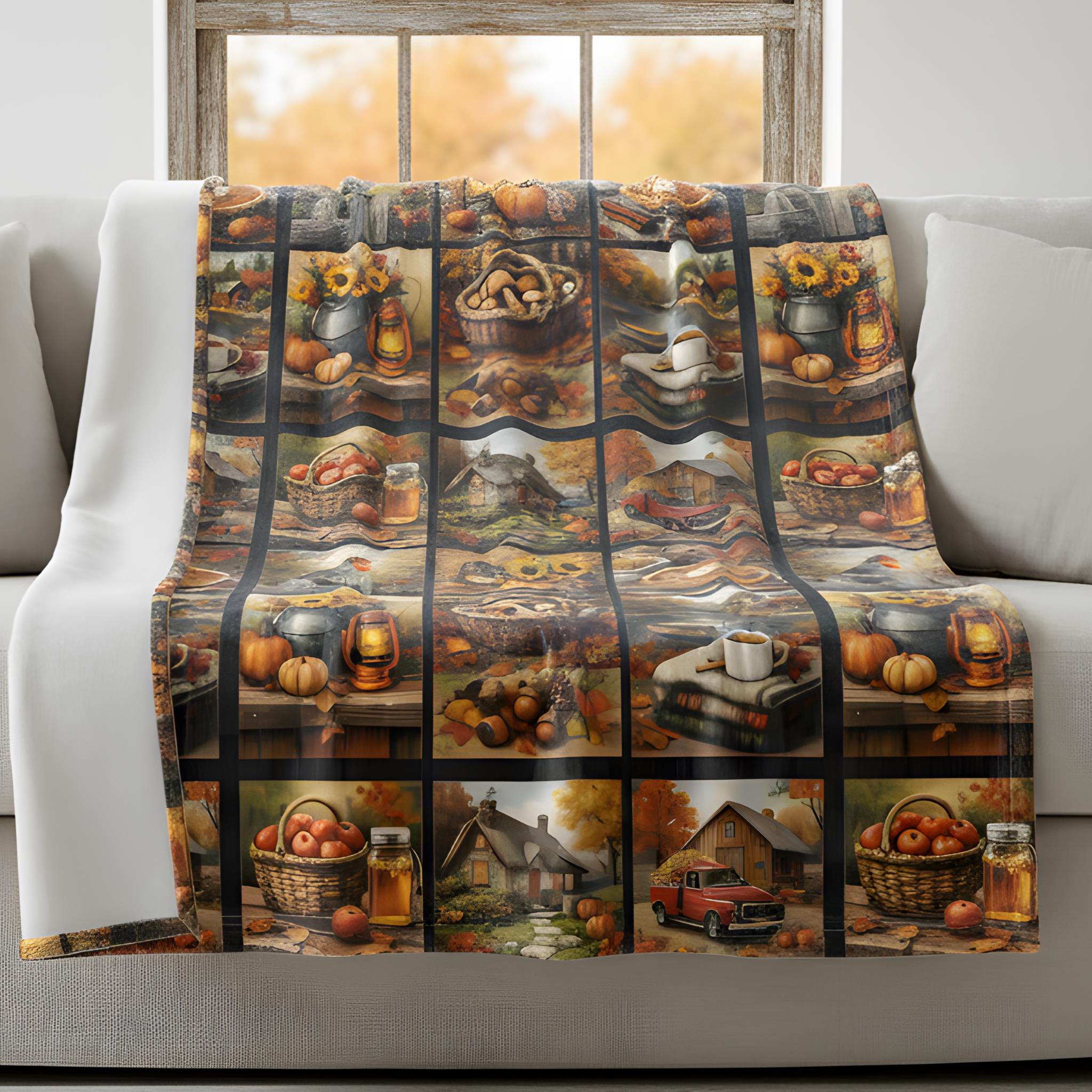 Autumn patchwork throw blanket hanging over grey couch.
