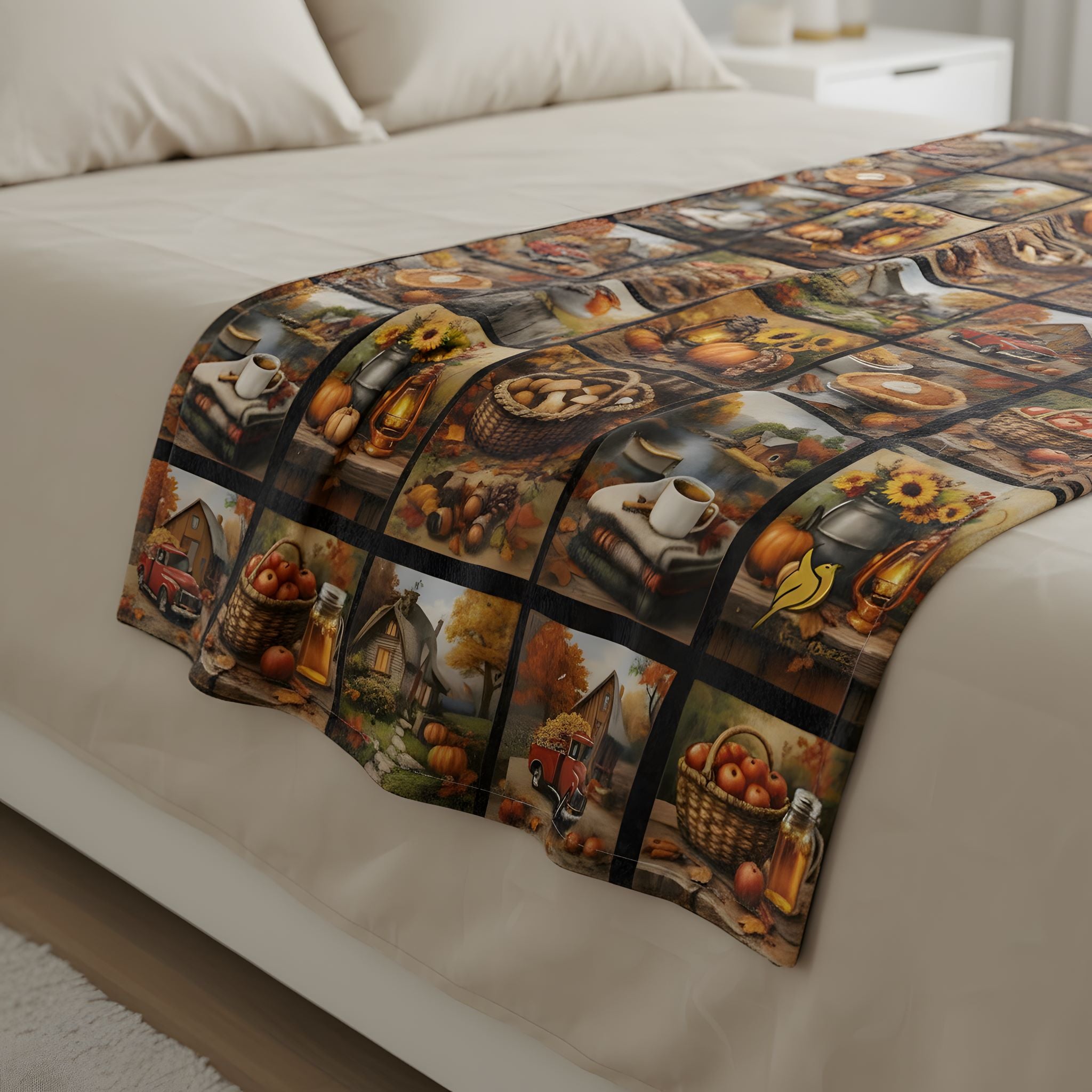 Fall patchwork throw blanket draped on a bed showing pumpkins, apples, sunflowers and cozy scenes.