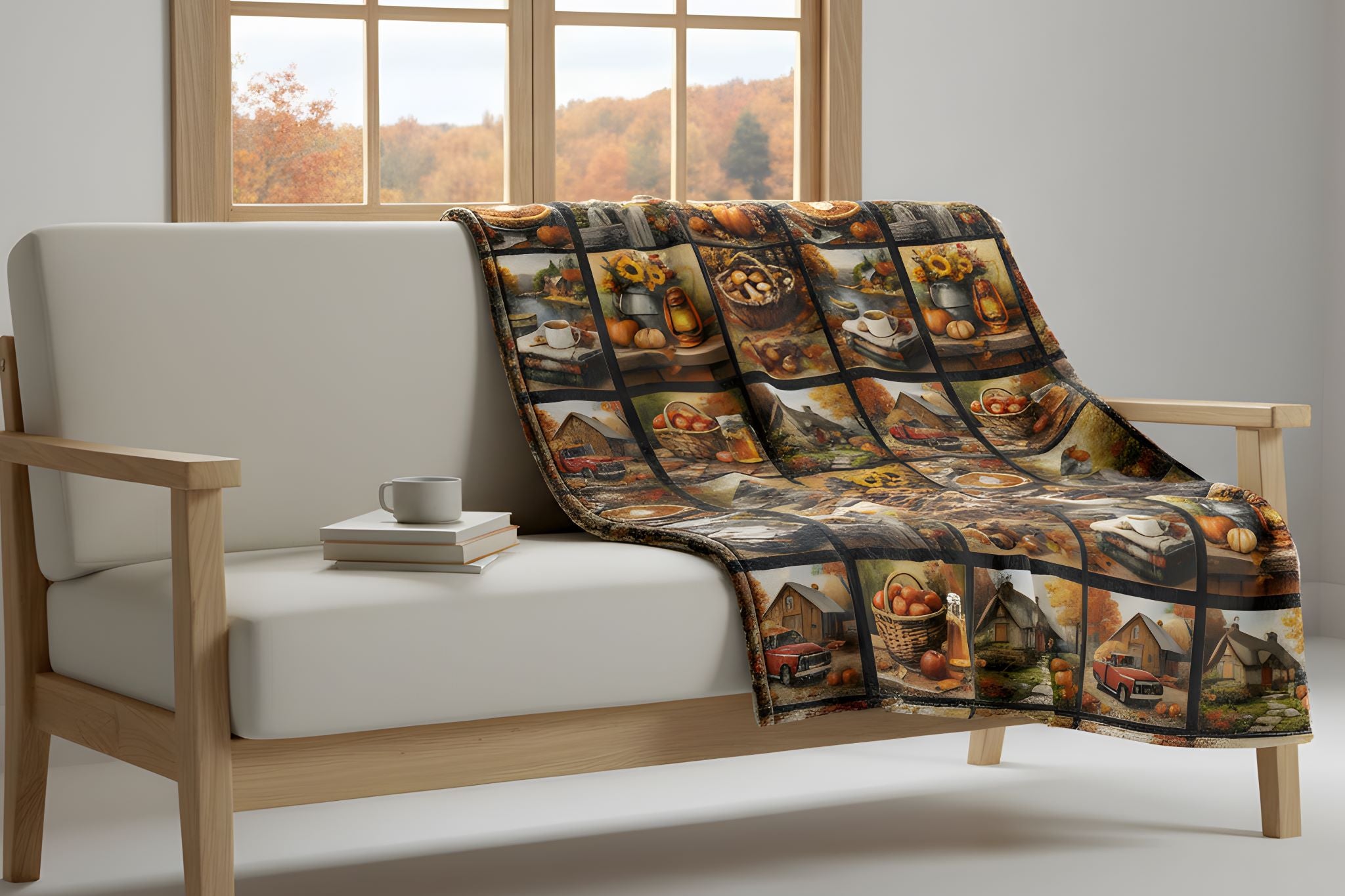 Autumn throw blanket with cabin pattern draped over a wooden chair in a room with a window view of trees.