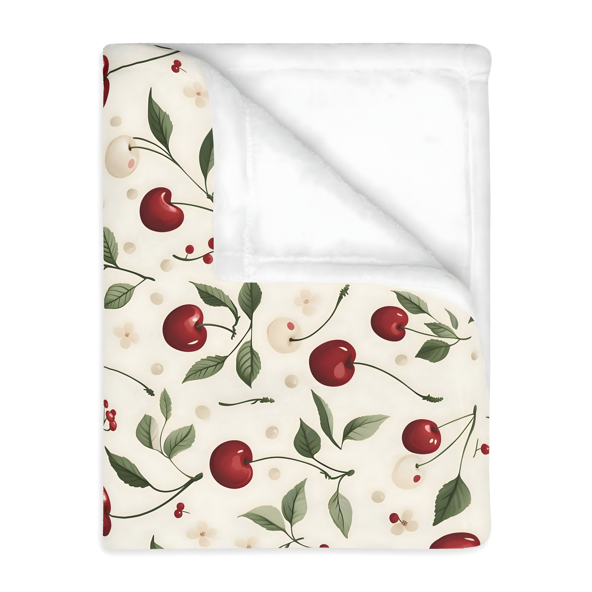 Floral Velveteen fabric with red cherries and green leaves on a white background
