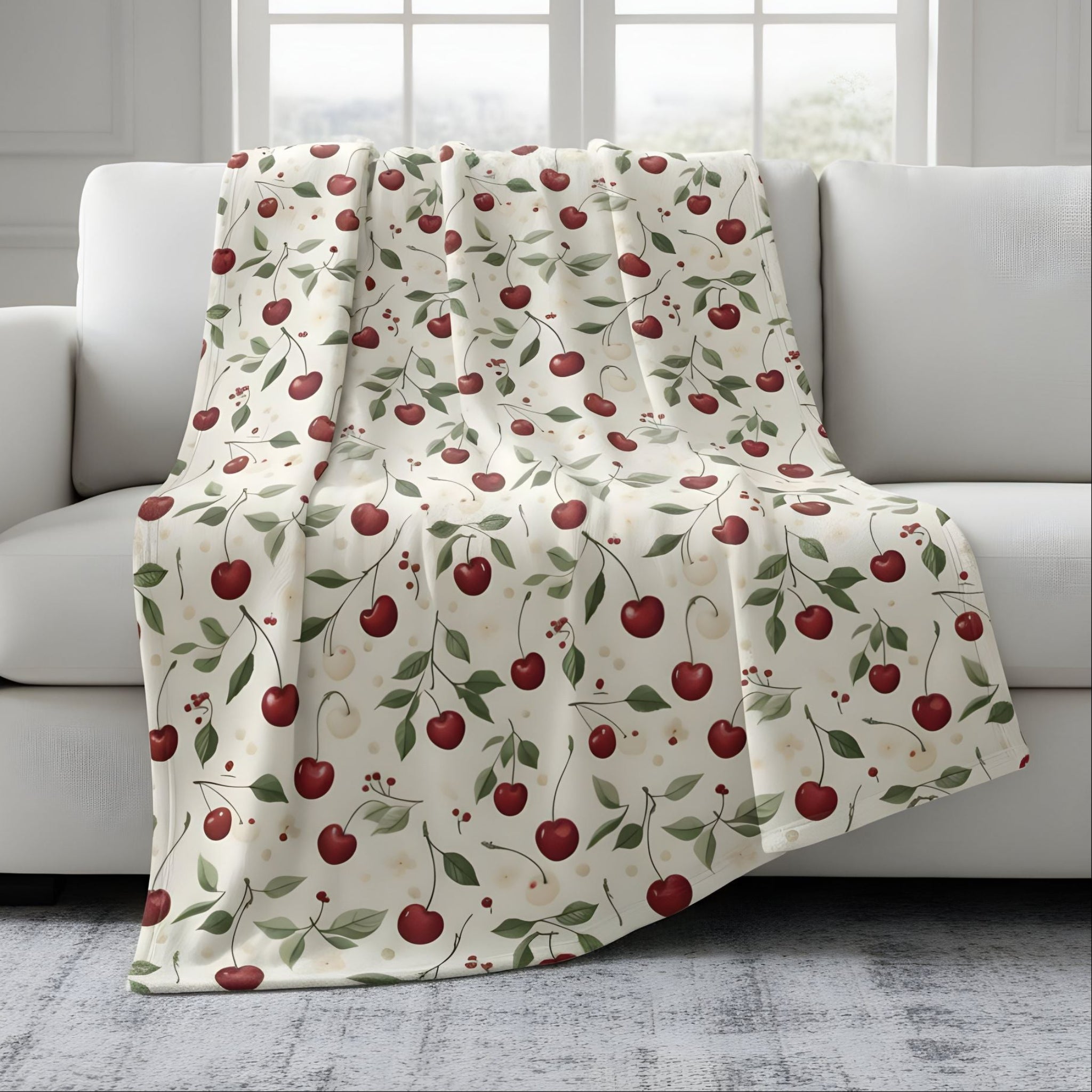 Cherry patterned blanket draped over a sofa in a living room.
