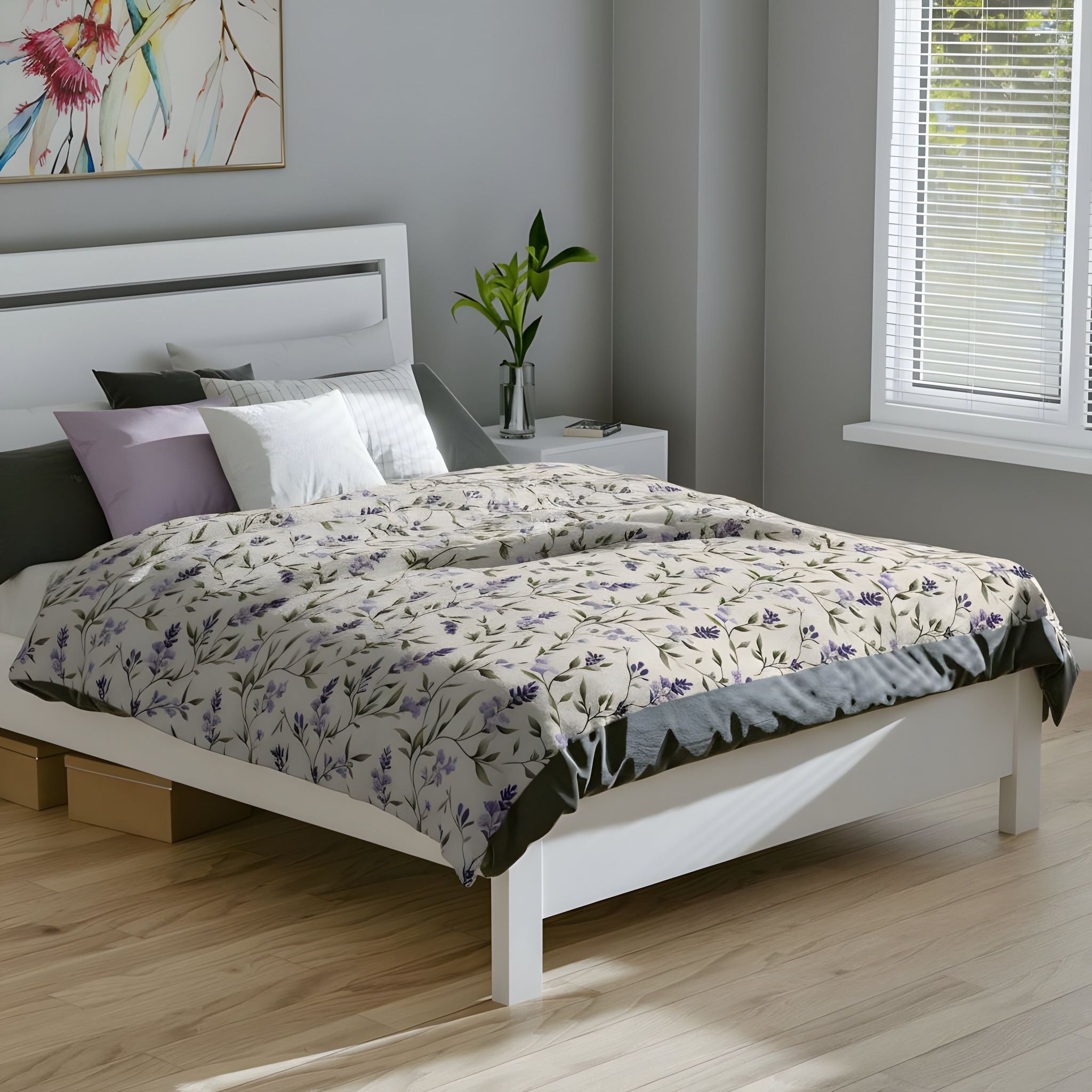Bedroom with a white bed featuring a 60x80 inch lavender spring blanket.