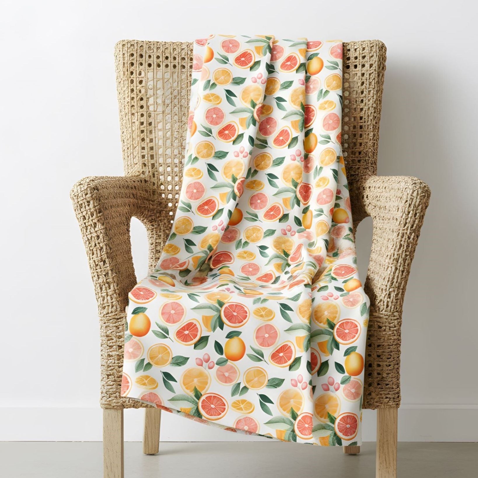 Woven chair with a pink grapefruit blanket draped over it for a bright summer aesthetic.