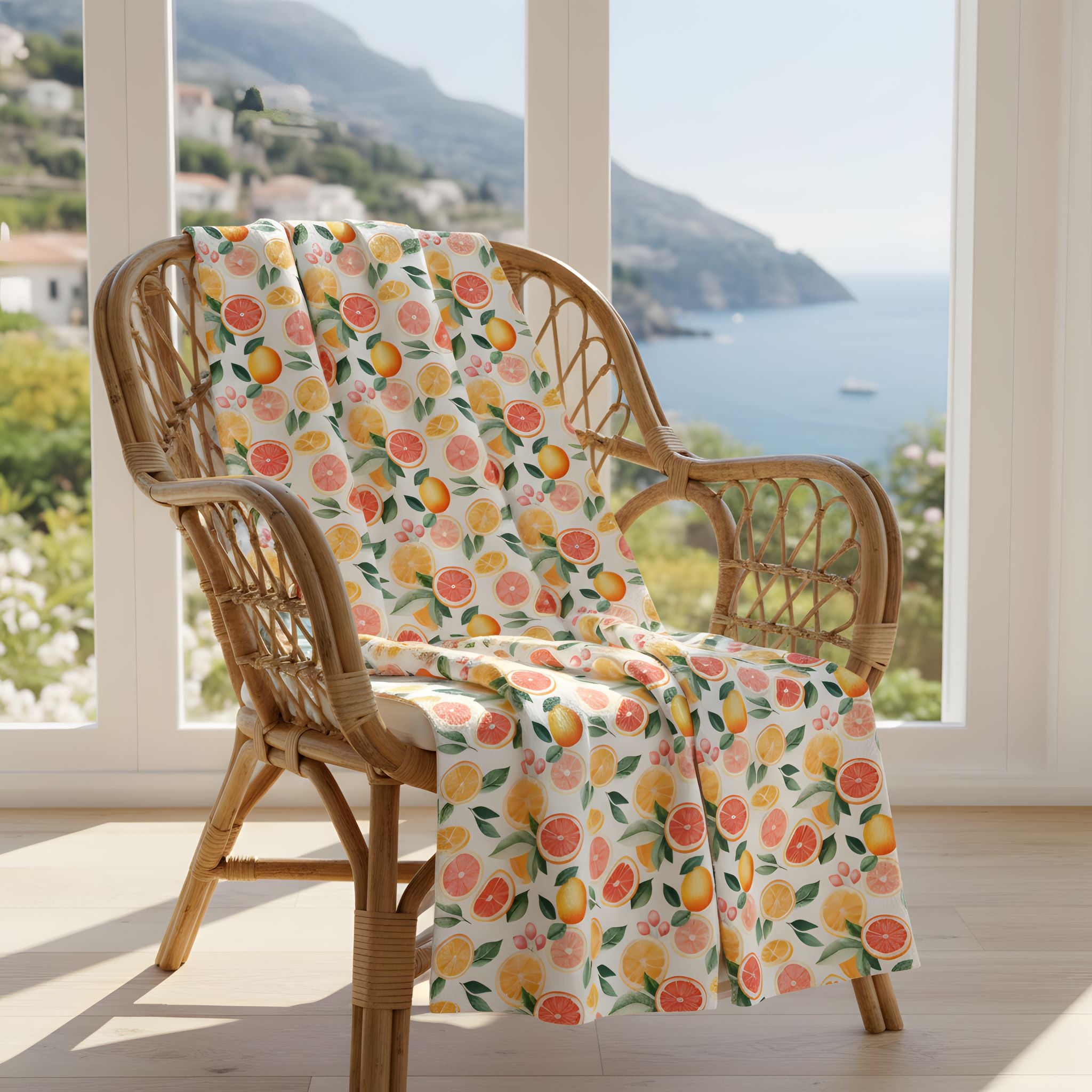 Wicker chair with a pink grapefruit throw blanket draped over it, set against a scenic window view of the Amalfi Coast.