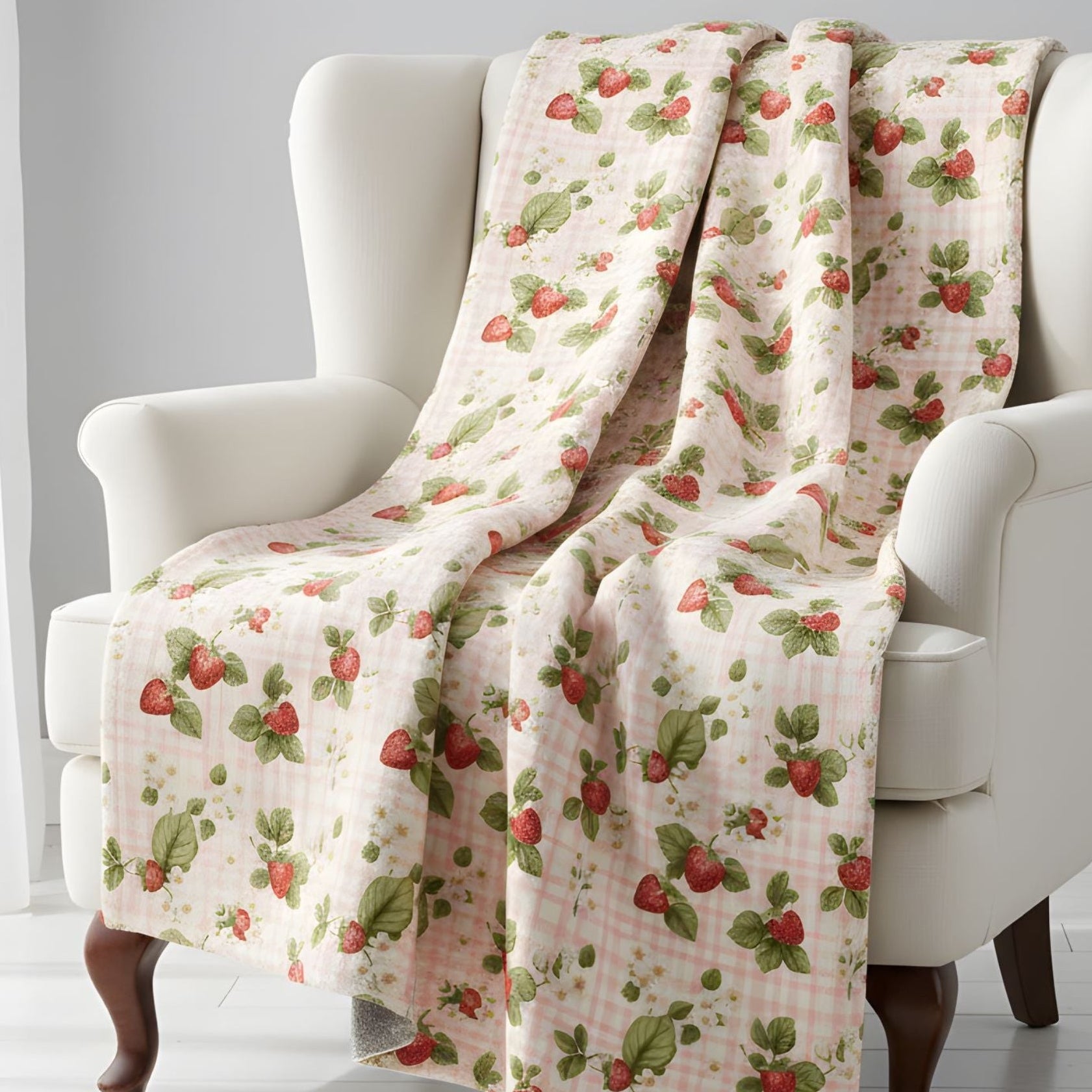 A strawberry gingham blanket draped over a white armchair.