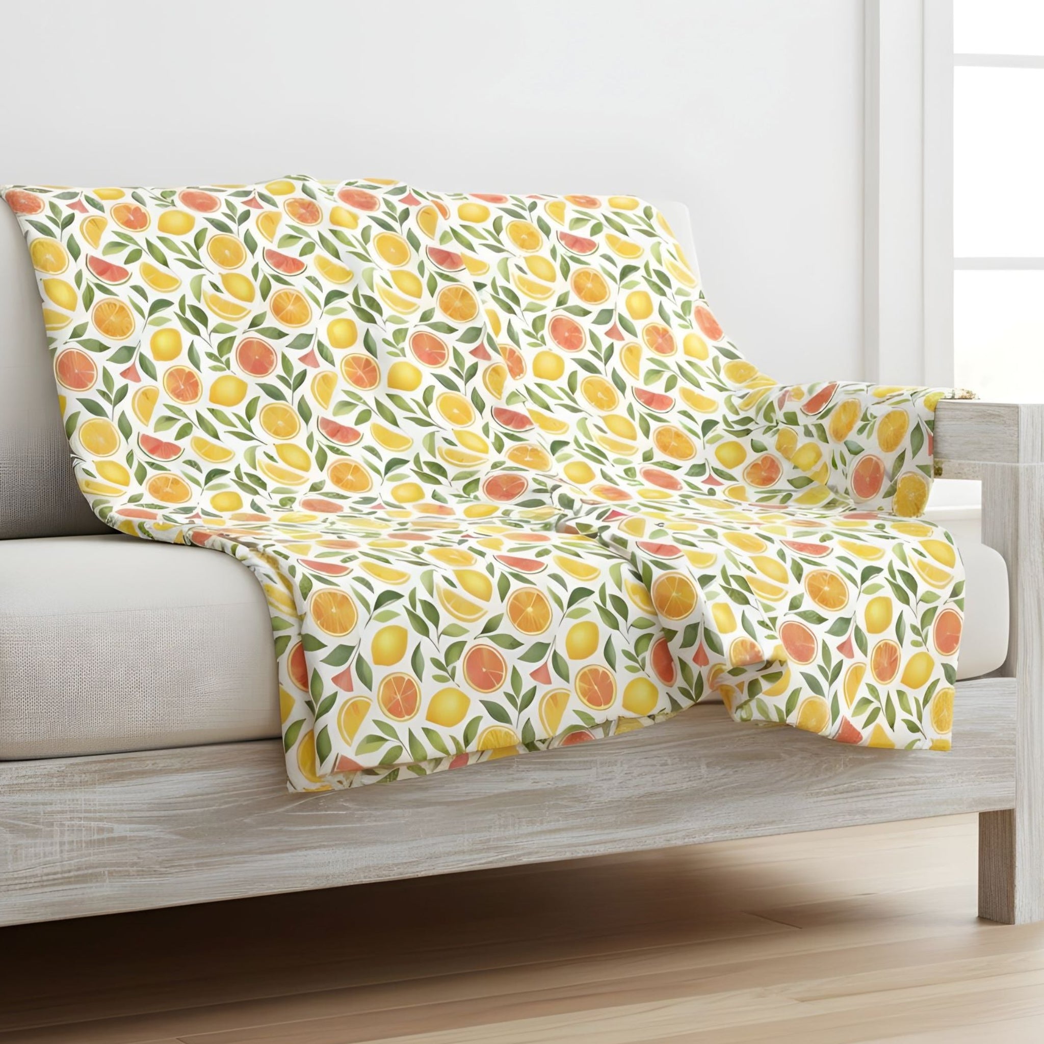 Zesty orange throw blanket draped over a wooden couch in a room with a window.