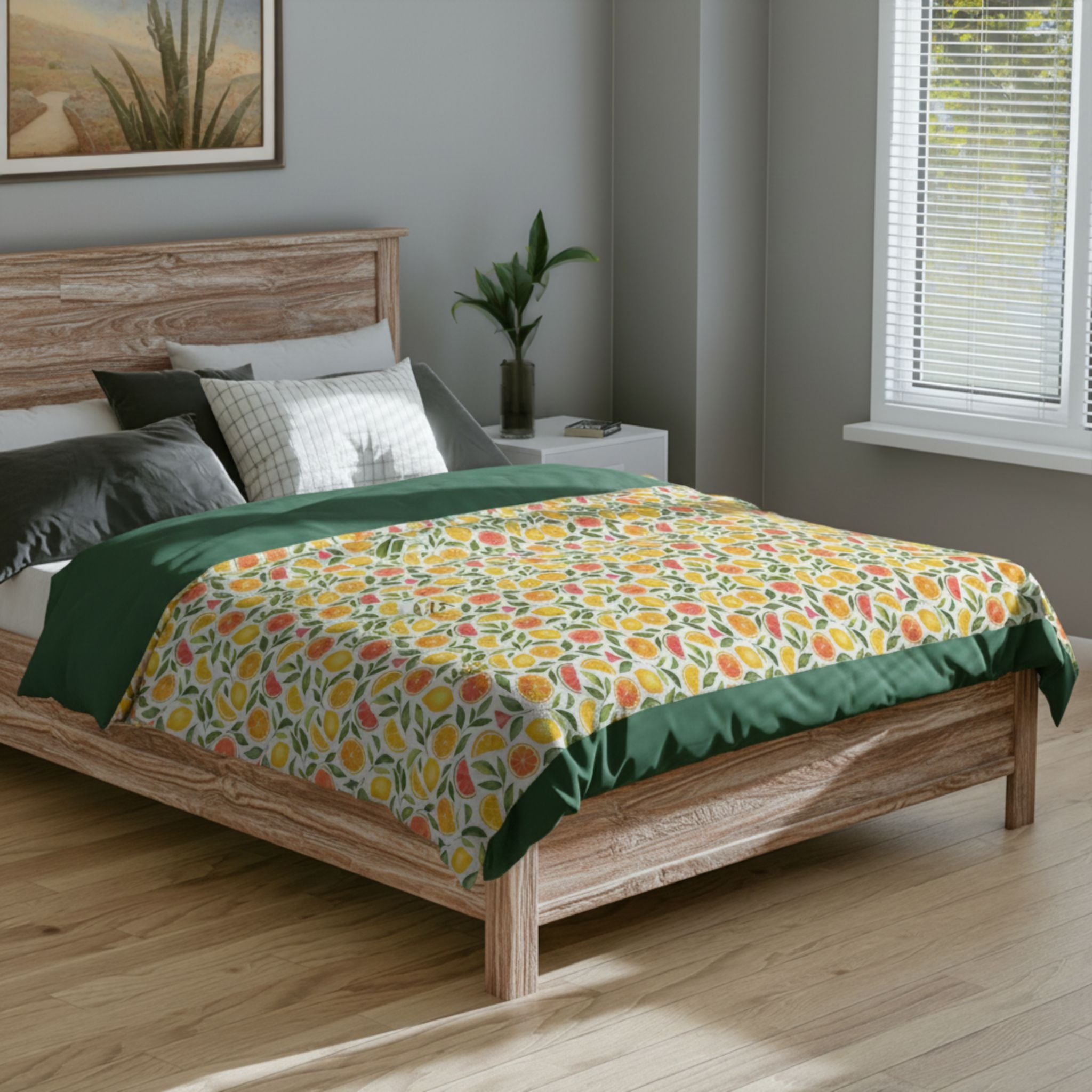 Coastal Mediterranean bedroom with wooden bed, zesty orange and pink grapefruit throw blanket.