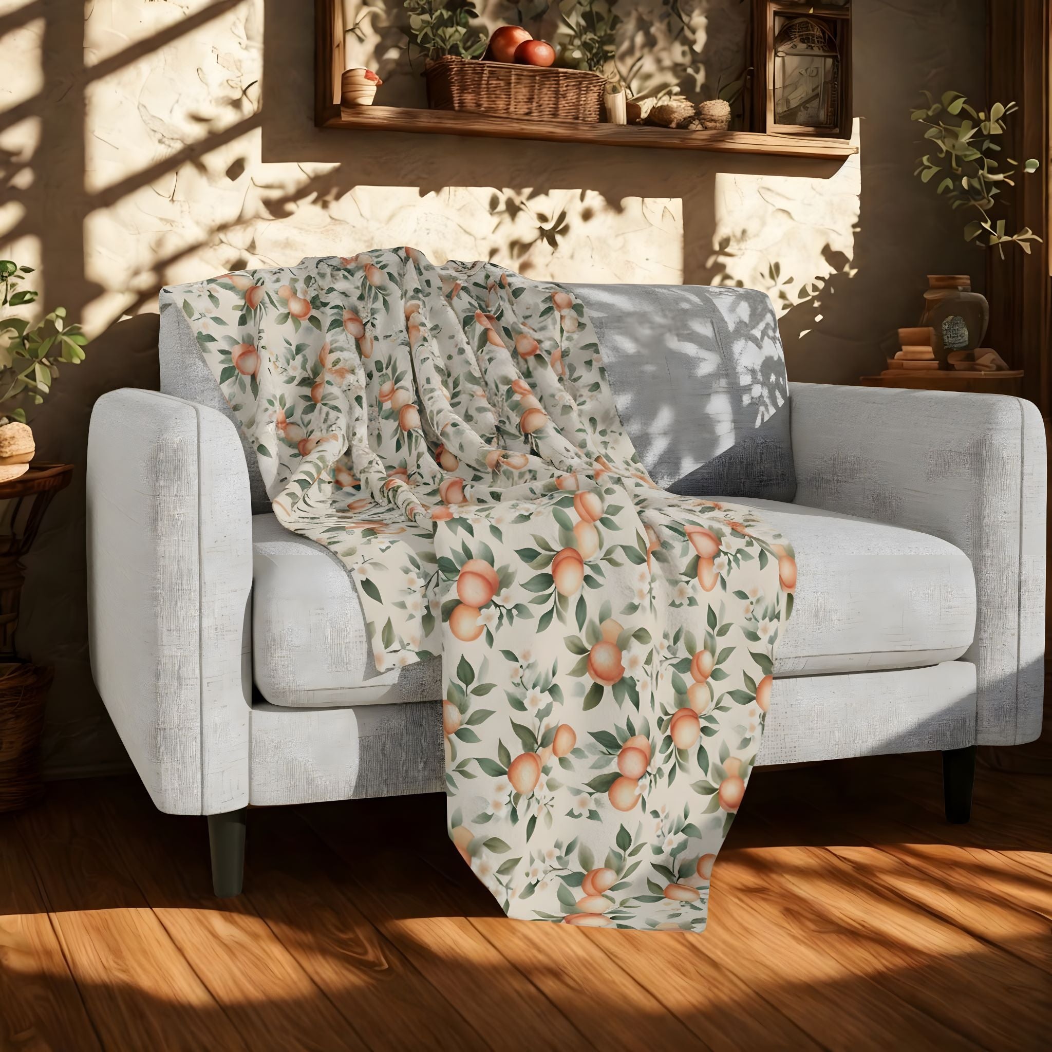 An enchanted cottage peach throw blanket lying over a chair for a cozy summer aesthetic. 