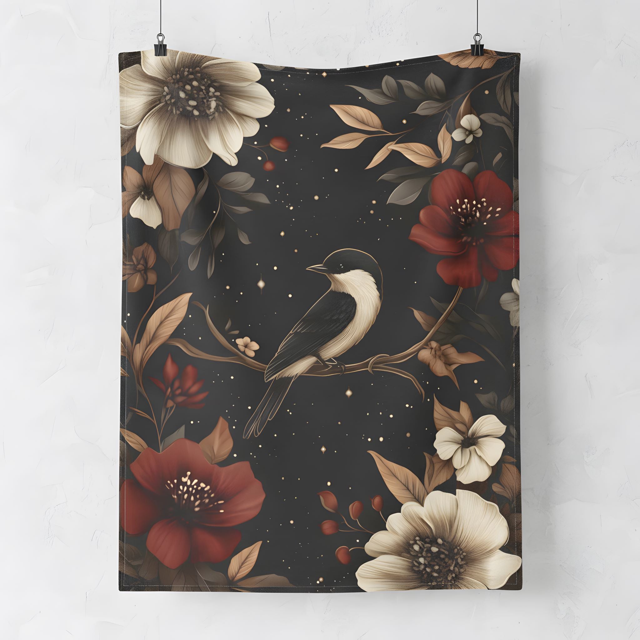 Moody botanical velveteen throw blanket with perched bird, rust flowers, ivory blooms, and black background.