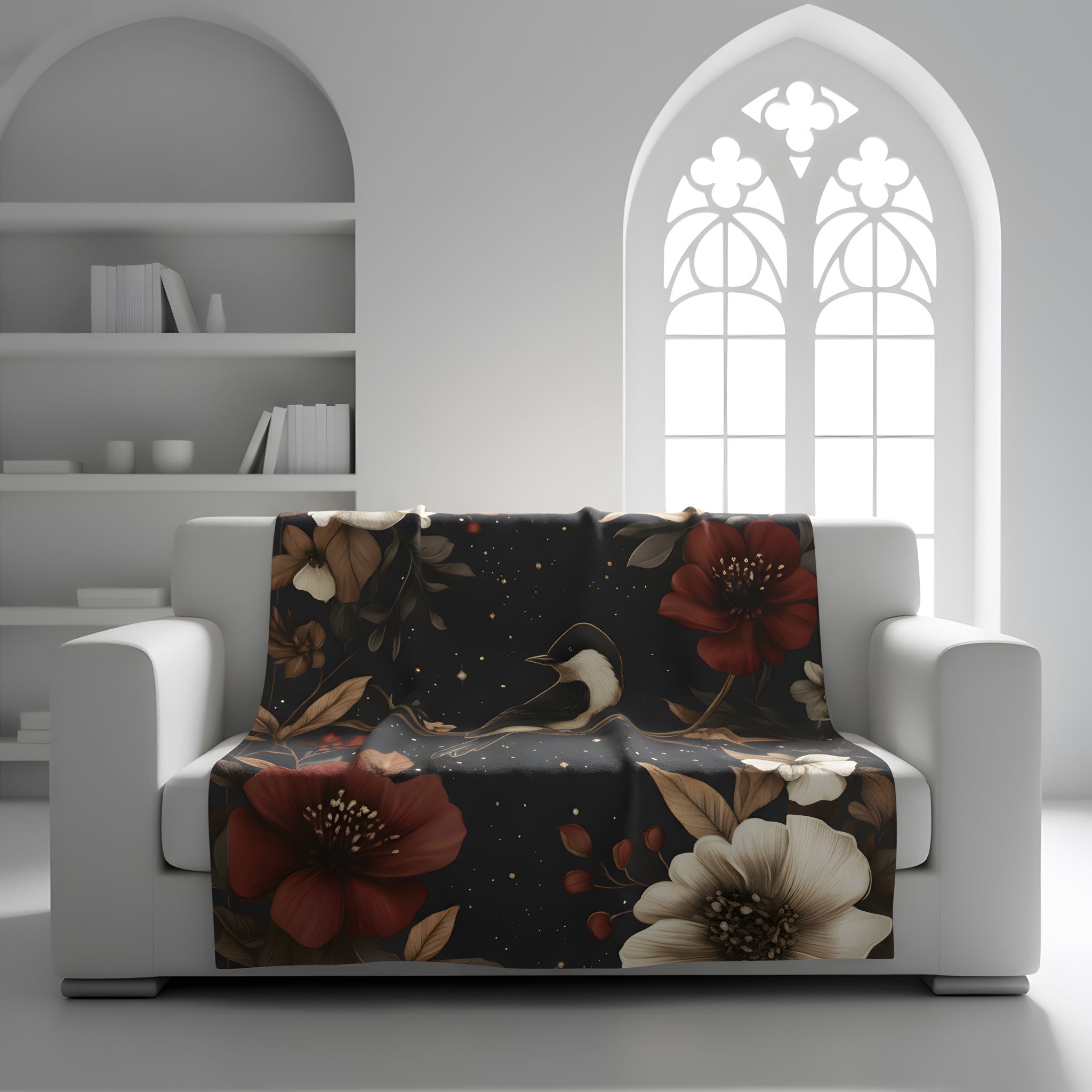 Dark floral velveteen throw blanket on sofa with bird artwork, rust blooms, and midnight garden design.