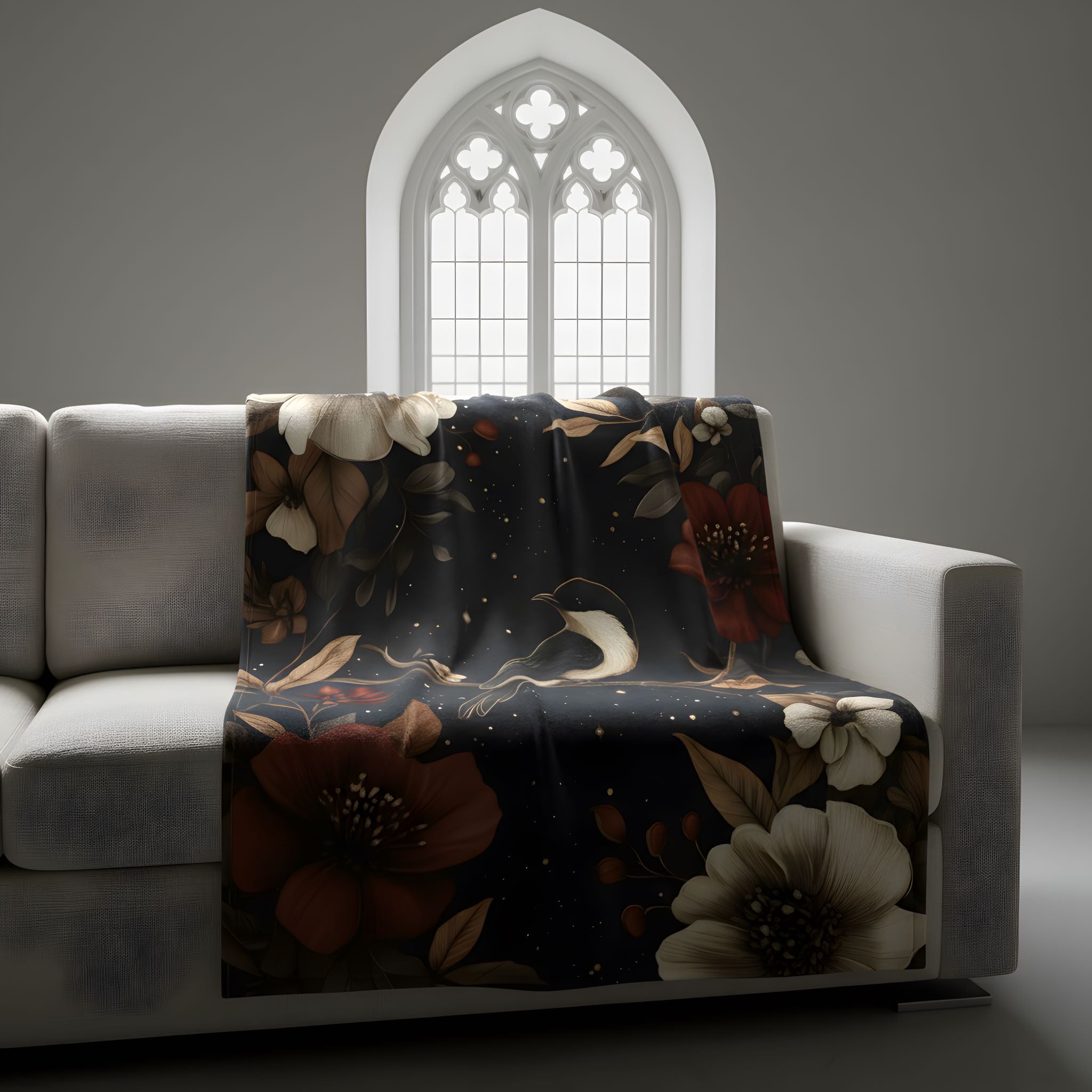 Black velveteen throw blanket draped on sofa with bird, warm floral accents, and gothic botanical style.
