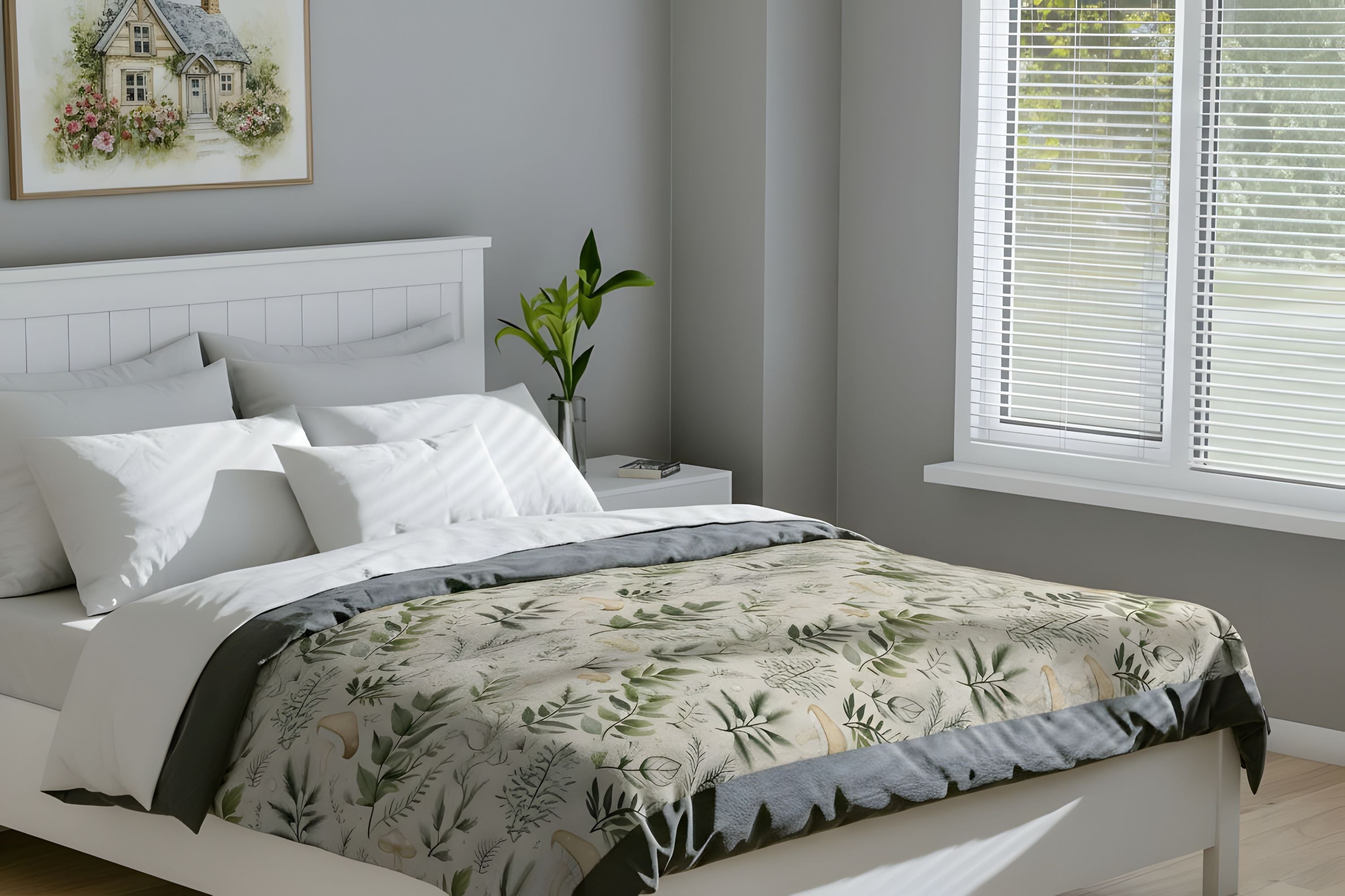 Botanical throw blanket with green fern leaves and mushrooms layered across a bed in a soft cottage-style bedroom.