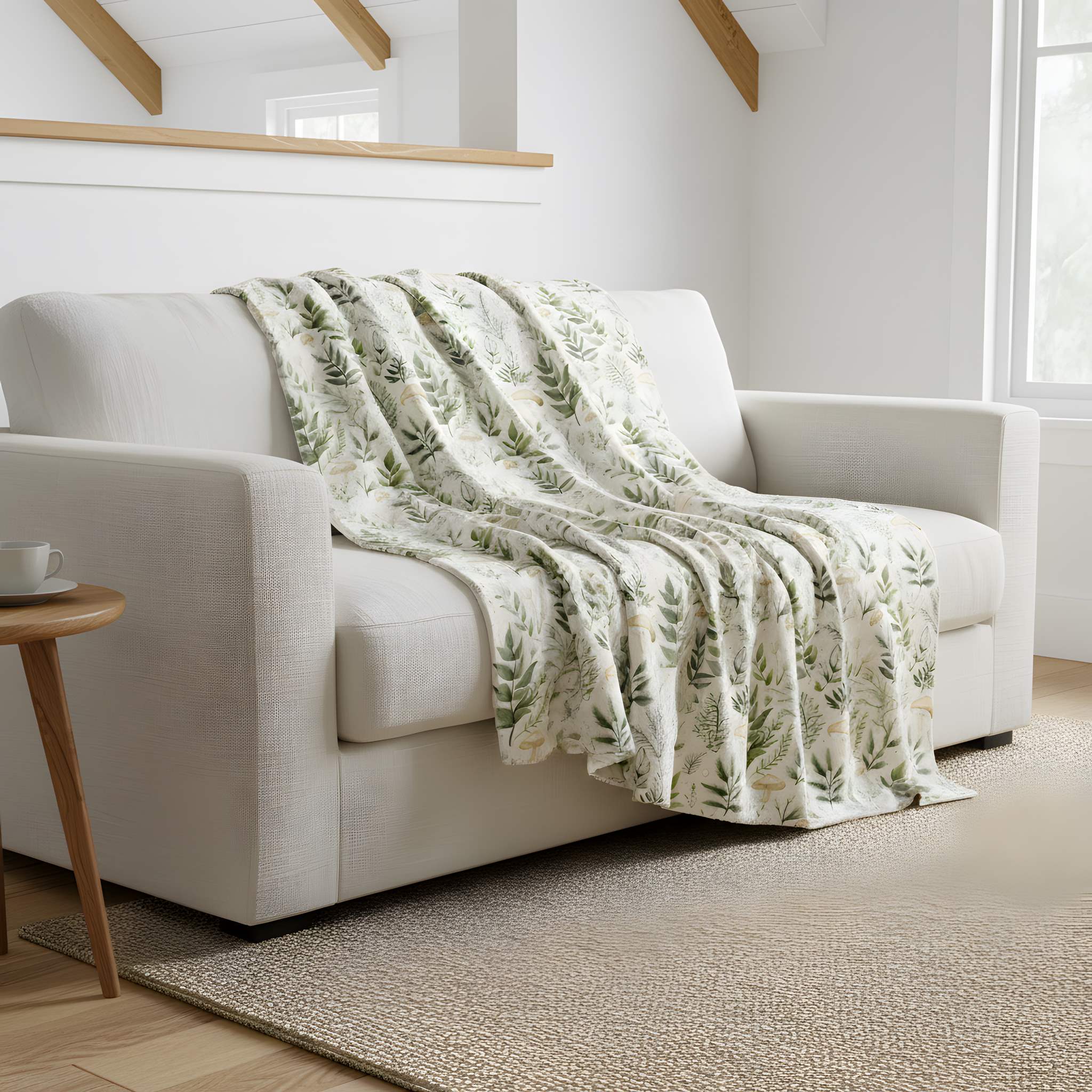 Botanical throw blanket with leafy woodland print draped over a cream sofa in a bright living room.