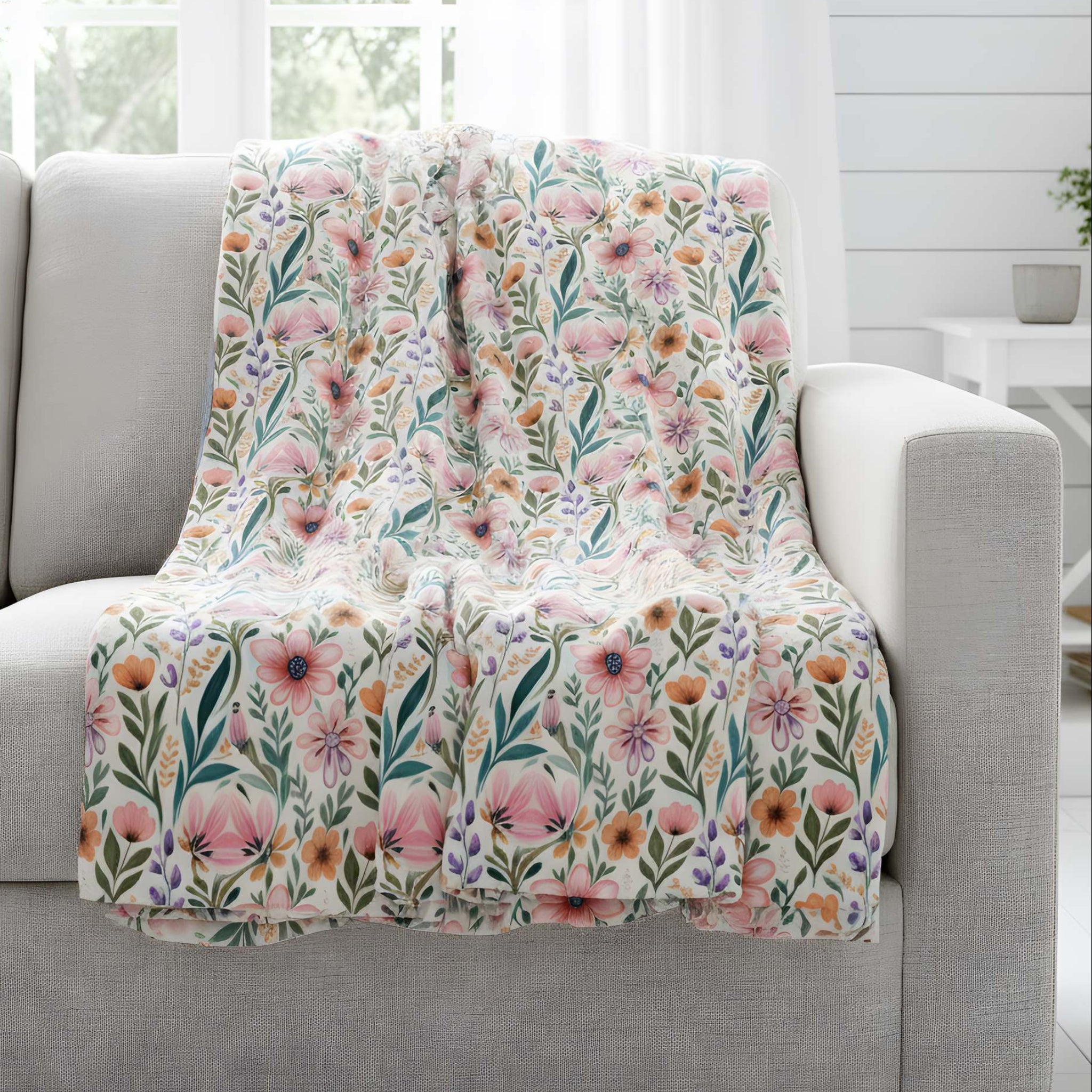 Wildflower Haven pink floral throw blanket folded over a white sofa with soft cottage styling.