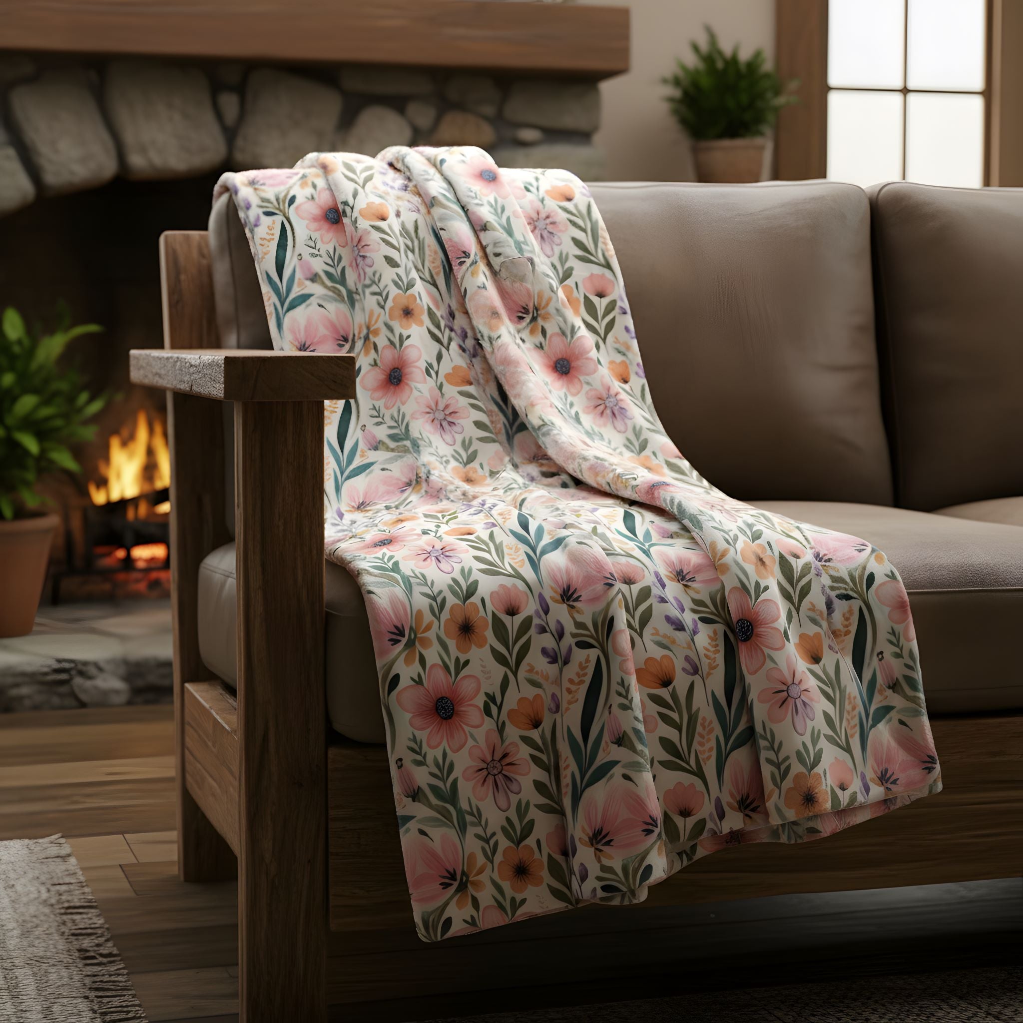 Pink wildflower velveteen throw blanket styled on a brown sofa near a fireplace in a cozy living room.