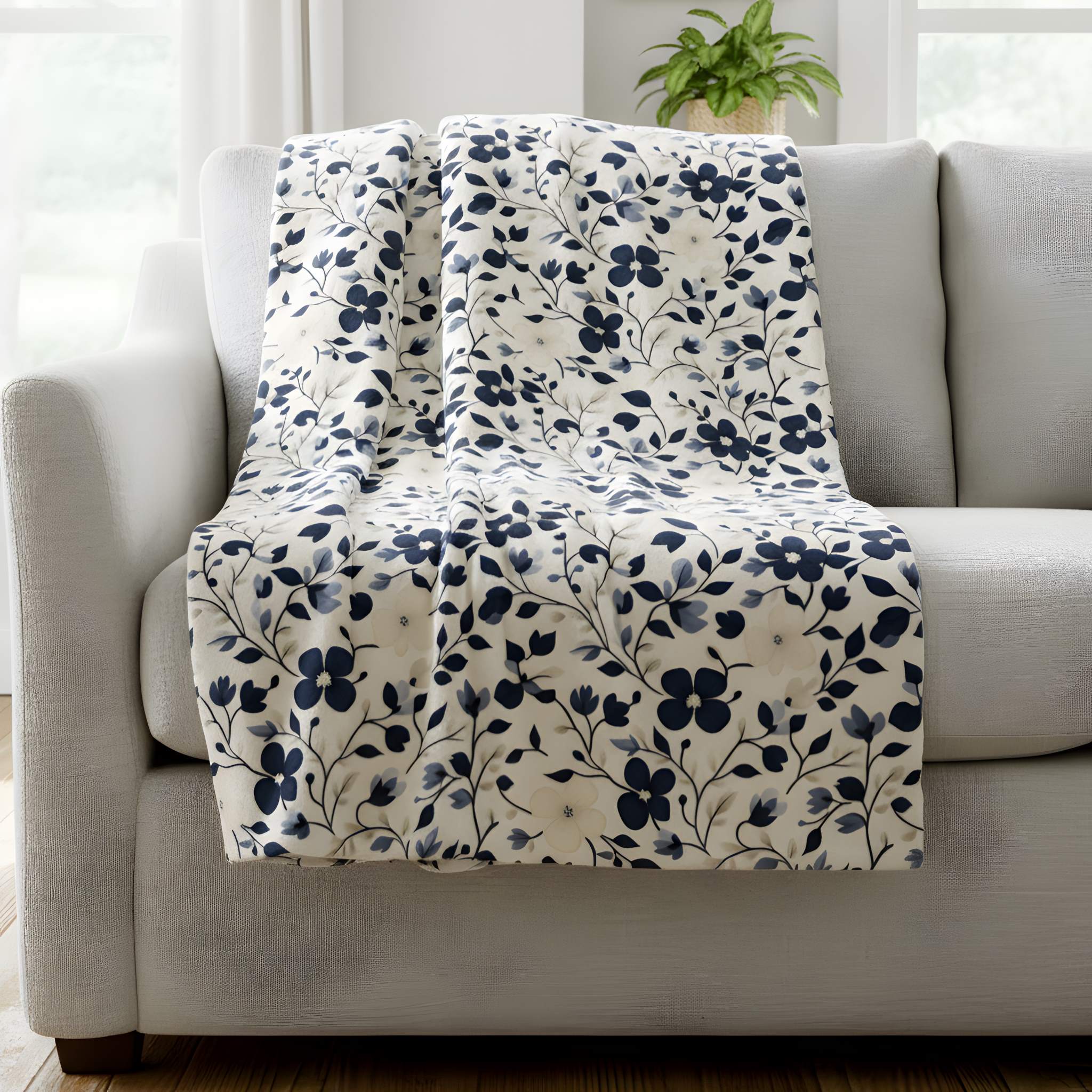 Blue floral cottage throw blanket draped over a grey sofa in a bright timeless living room.