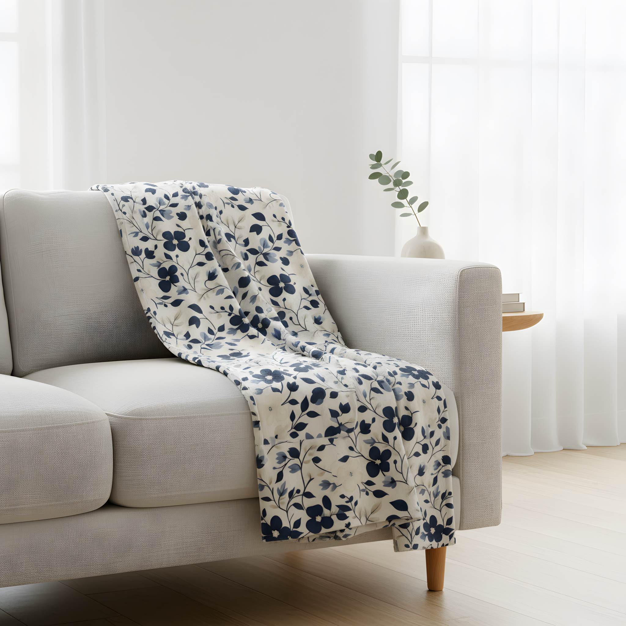 Blue floral cottage throw blanket draped over a light sofa in a bright timeless living room.
