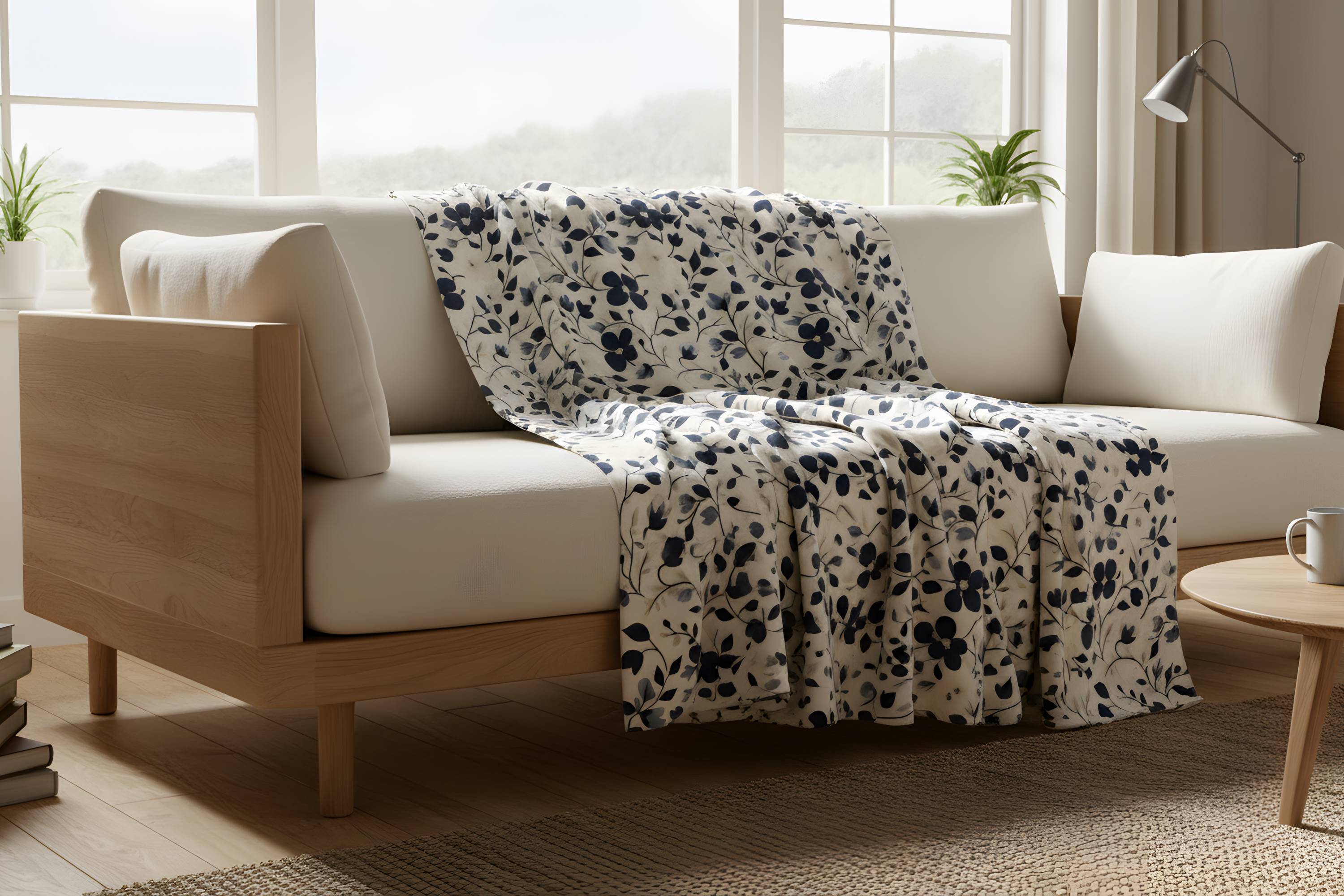 Navy Bloomscape floral throw blanket over a cream sofa with soft blue and ivory botanical print.