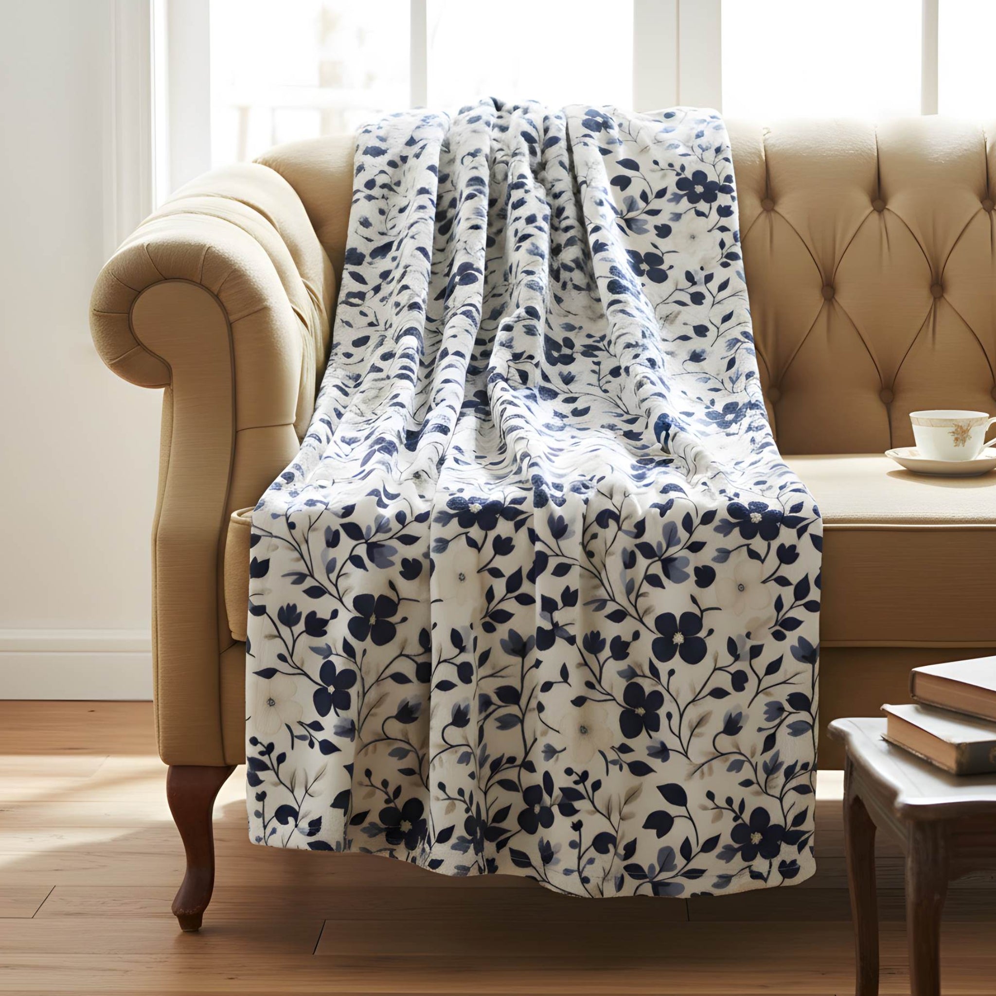 Navy floral velveteen throw blanket draped over a beige tufted chair in a bright cottage-style room.