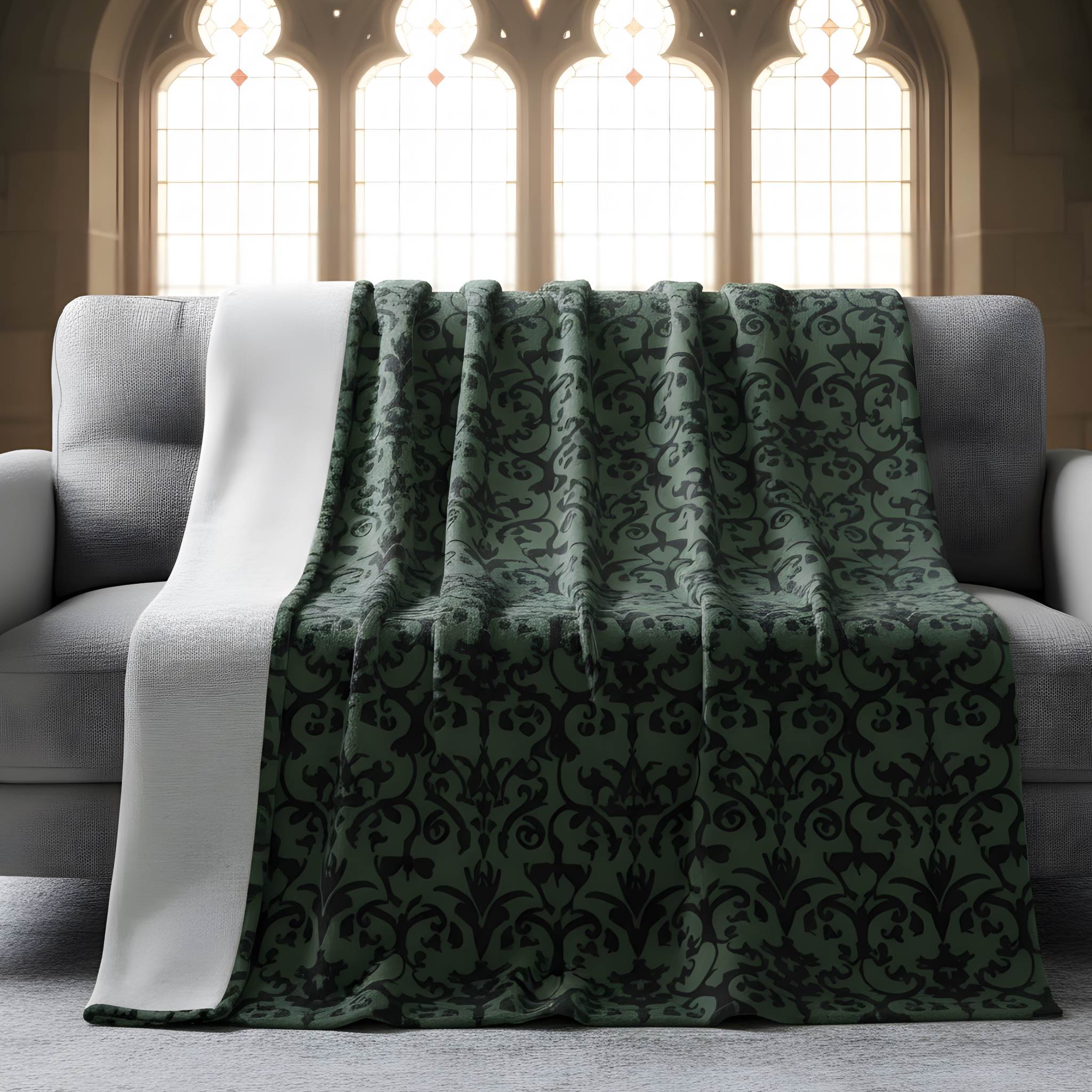 Ornate damask throw blanket styled on a gray sofa with deep green and black Gothic pattern.