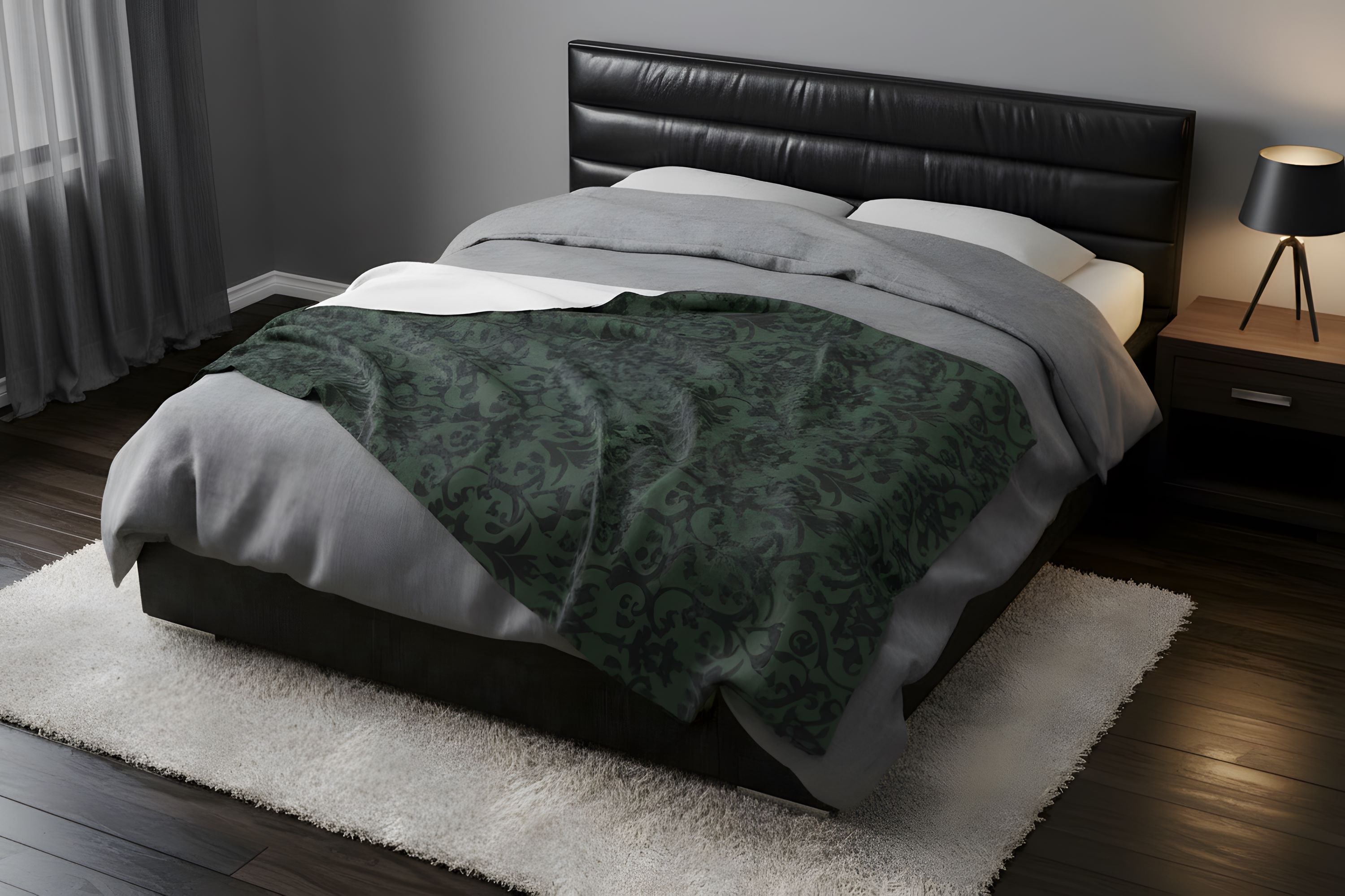 Gothic Maze velveteen blanket spread across a bed in a moody bedroom.