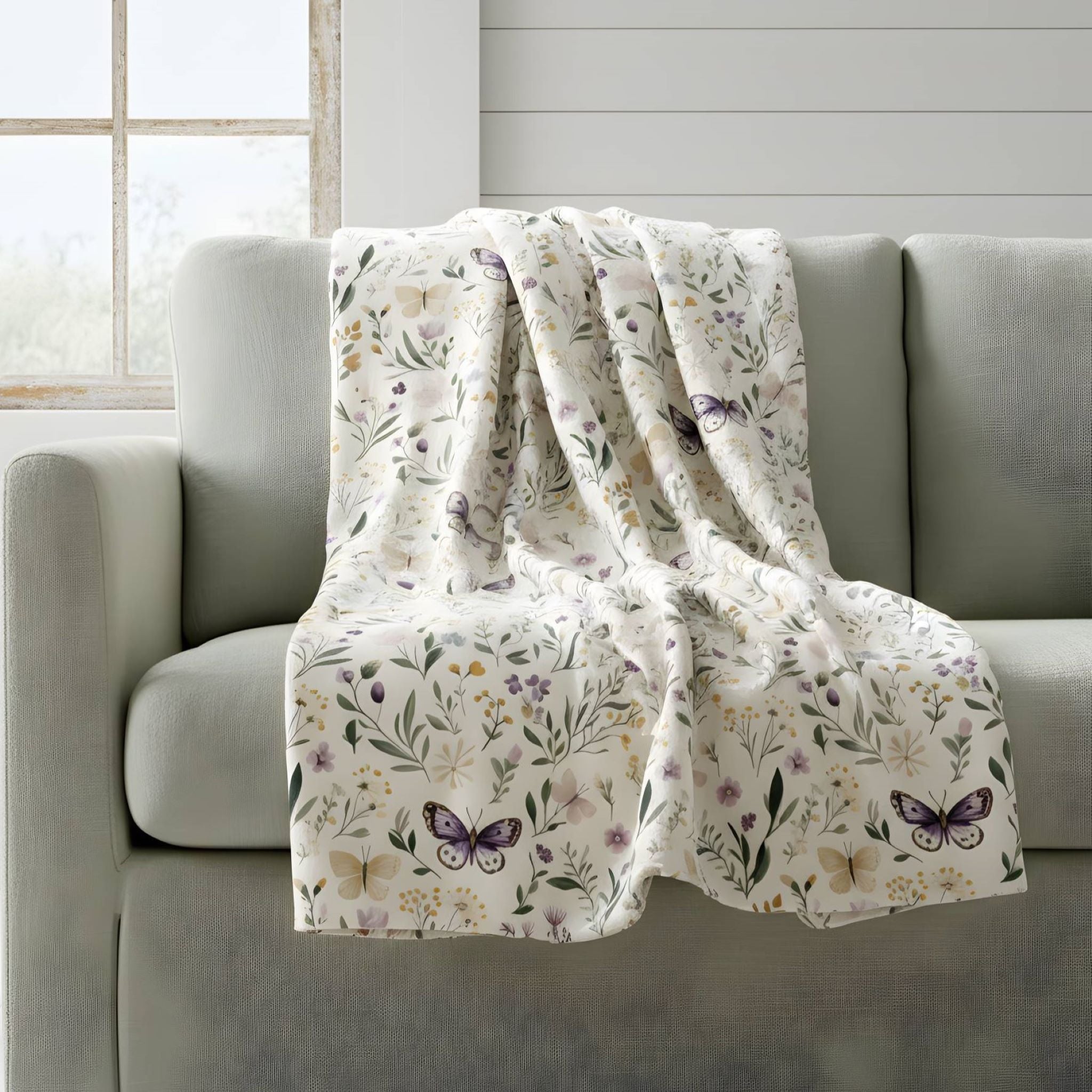 Cottage butterfly blanket draped across a grey sofa with airy florals and soft botanical detail.
