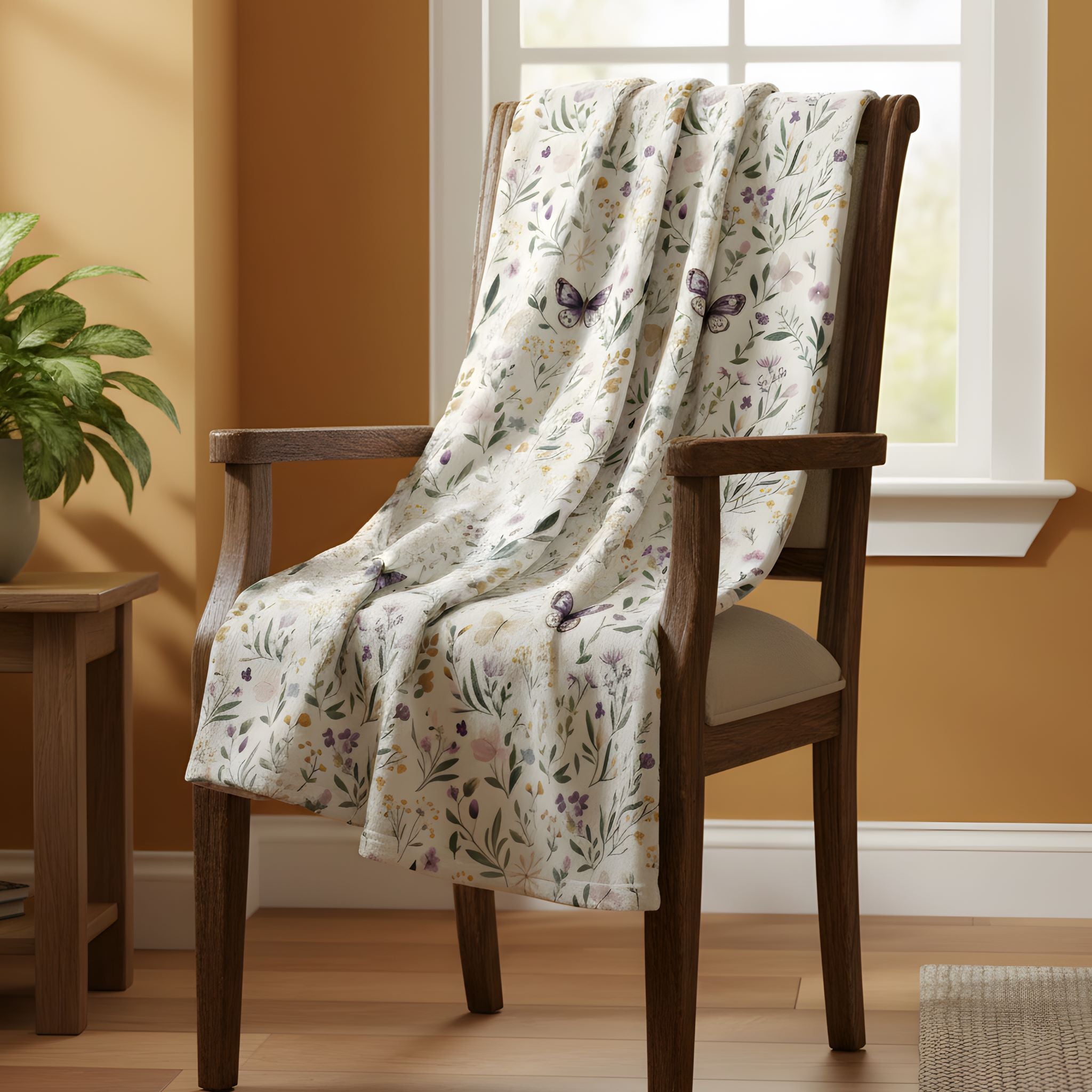 Meadow Wings velveteen blanket styled over a wooden chair with butterflies, florals, and soft greenery.